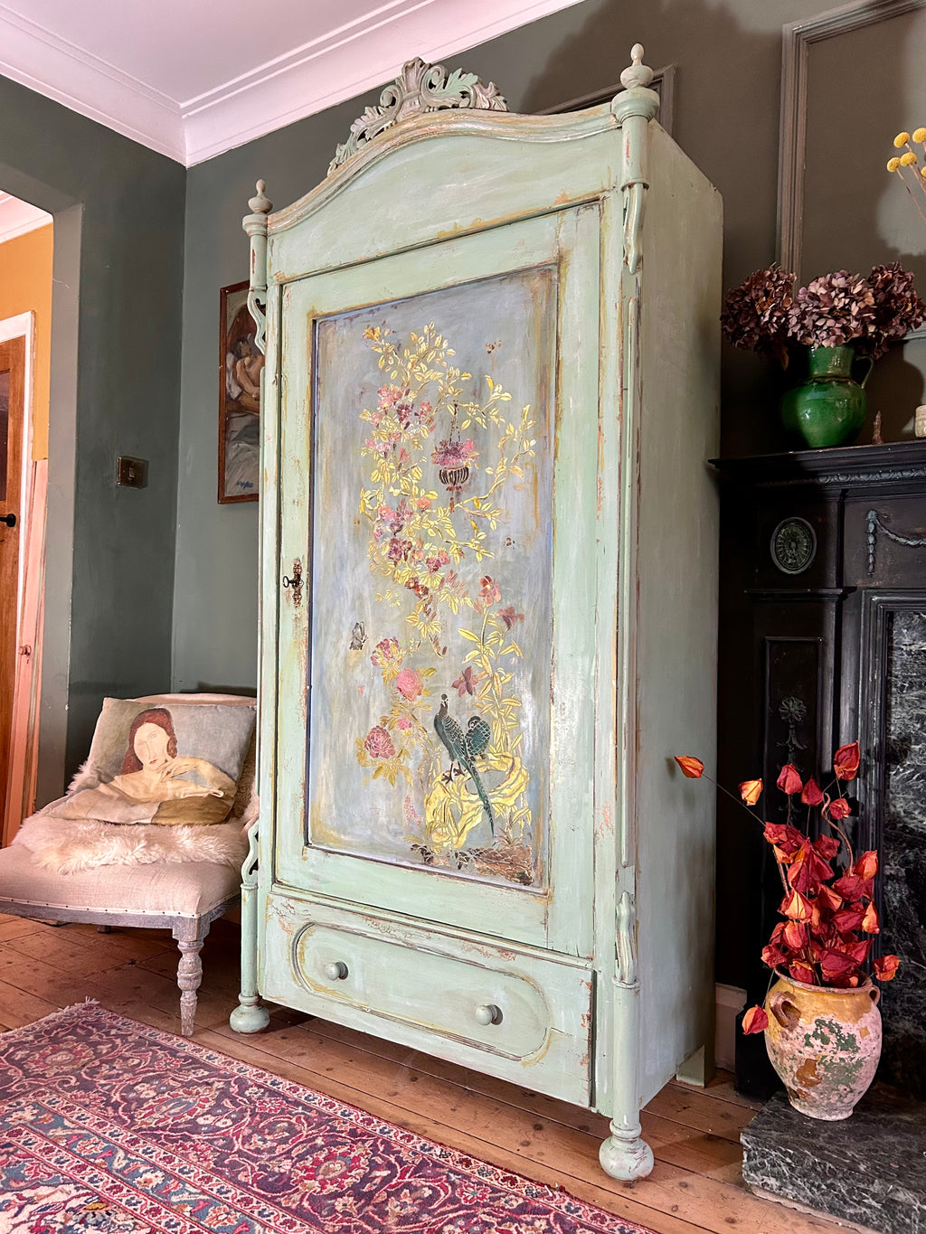 Antique Painted Armoire with Inlaid Chinoiserie