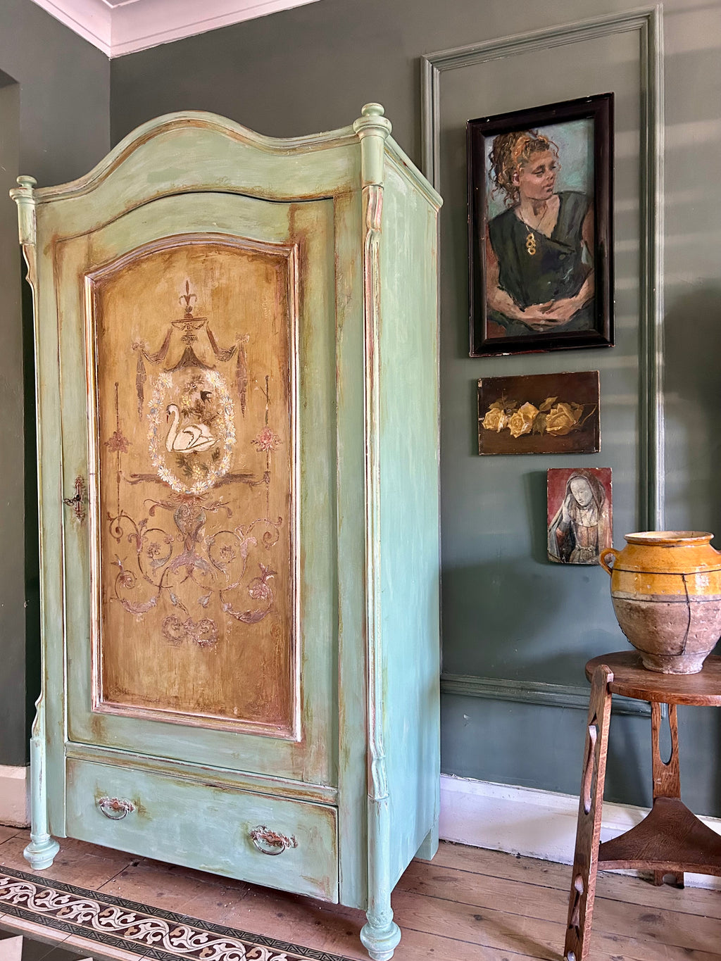 Vintage Painted Pine Armoire with Swan and Daisy Chinoiserie