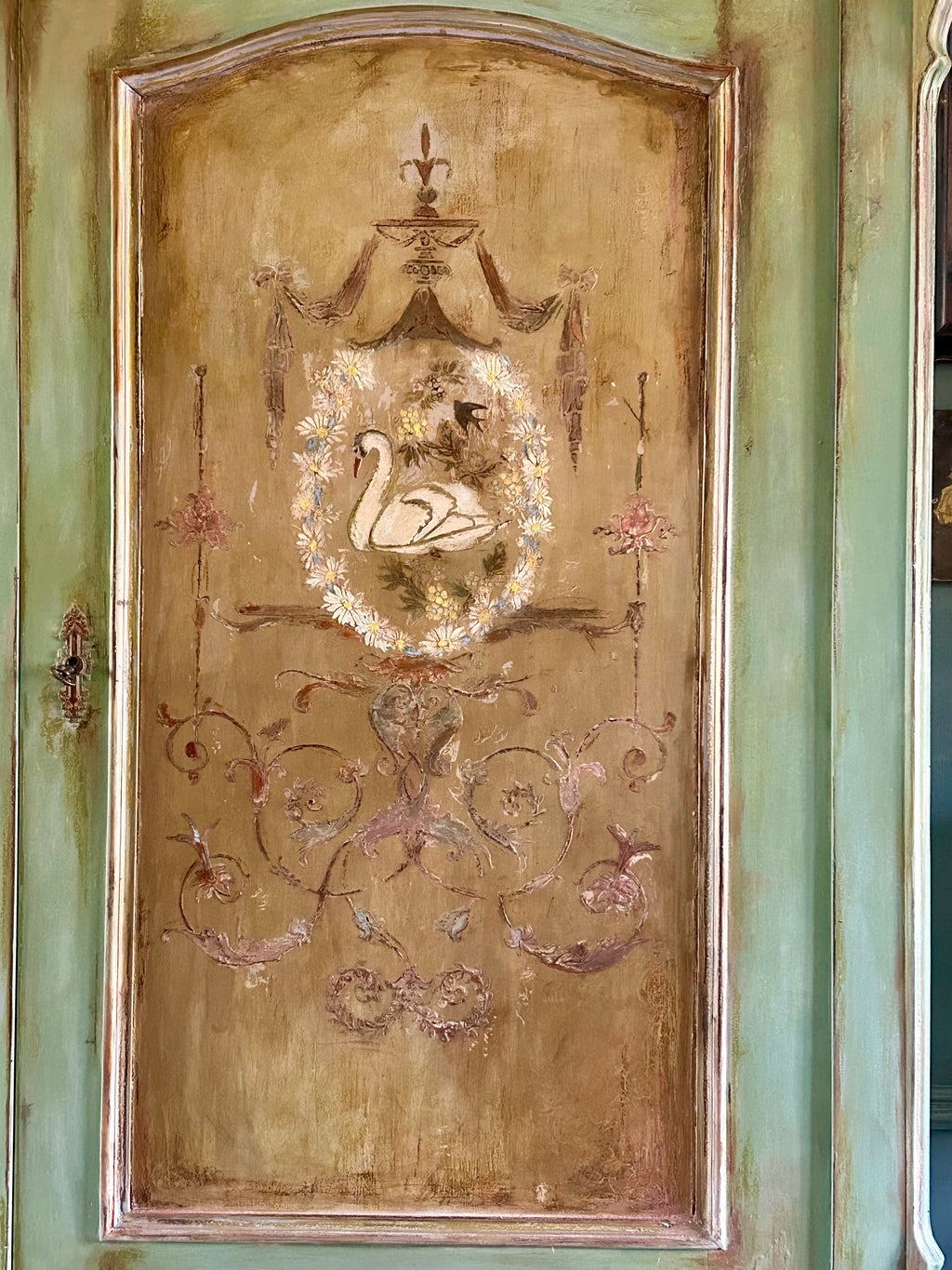 Vintage Painted Pine Armoire with Swan and Daisy Chinoiserie