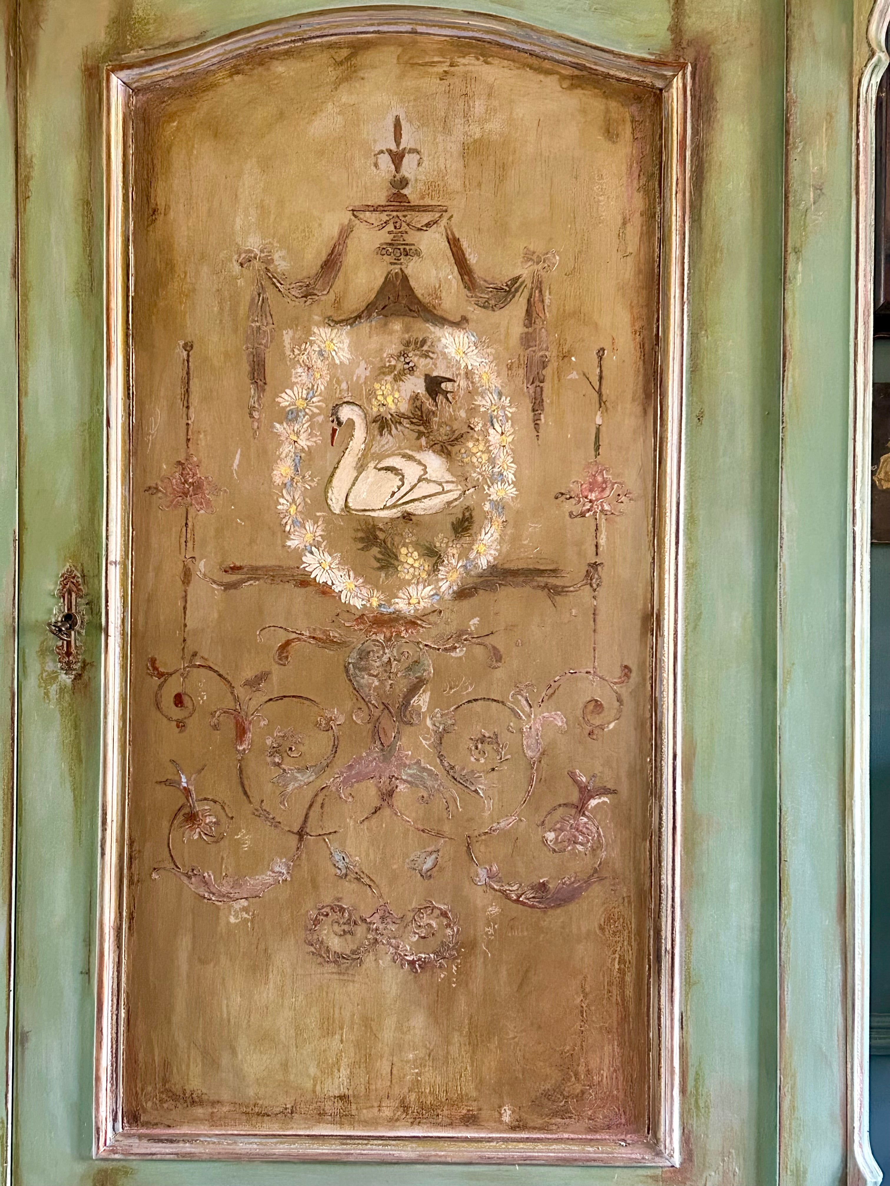 Vintage Painted Pine Armoire with Swan and Daisy Chinoiserie