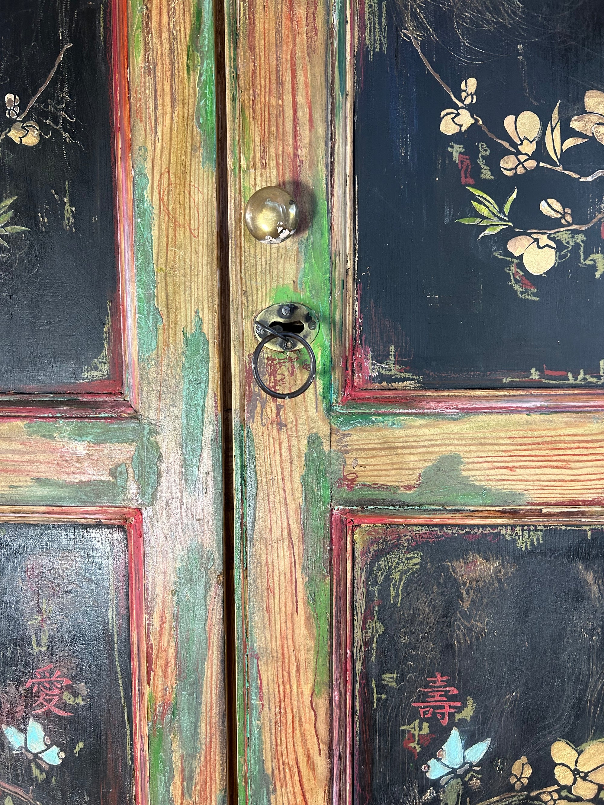 Vintage Painted Pine Linen Press with Inlaid Chinoiserie