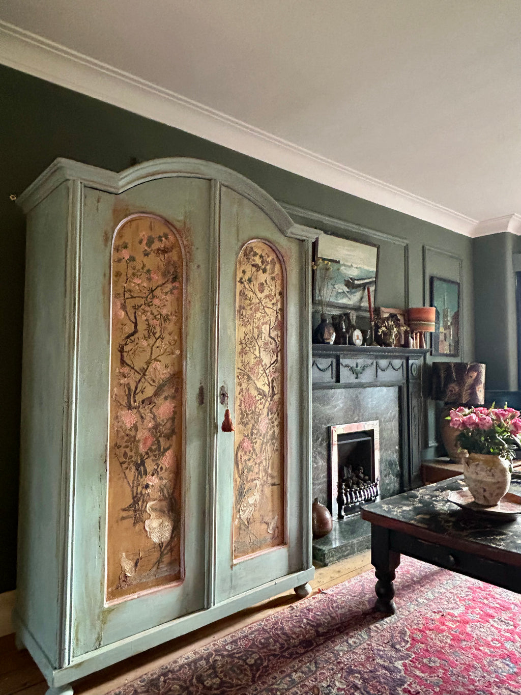 Antique Painted Wardrobe with Chinoiserie Panels