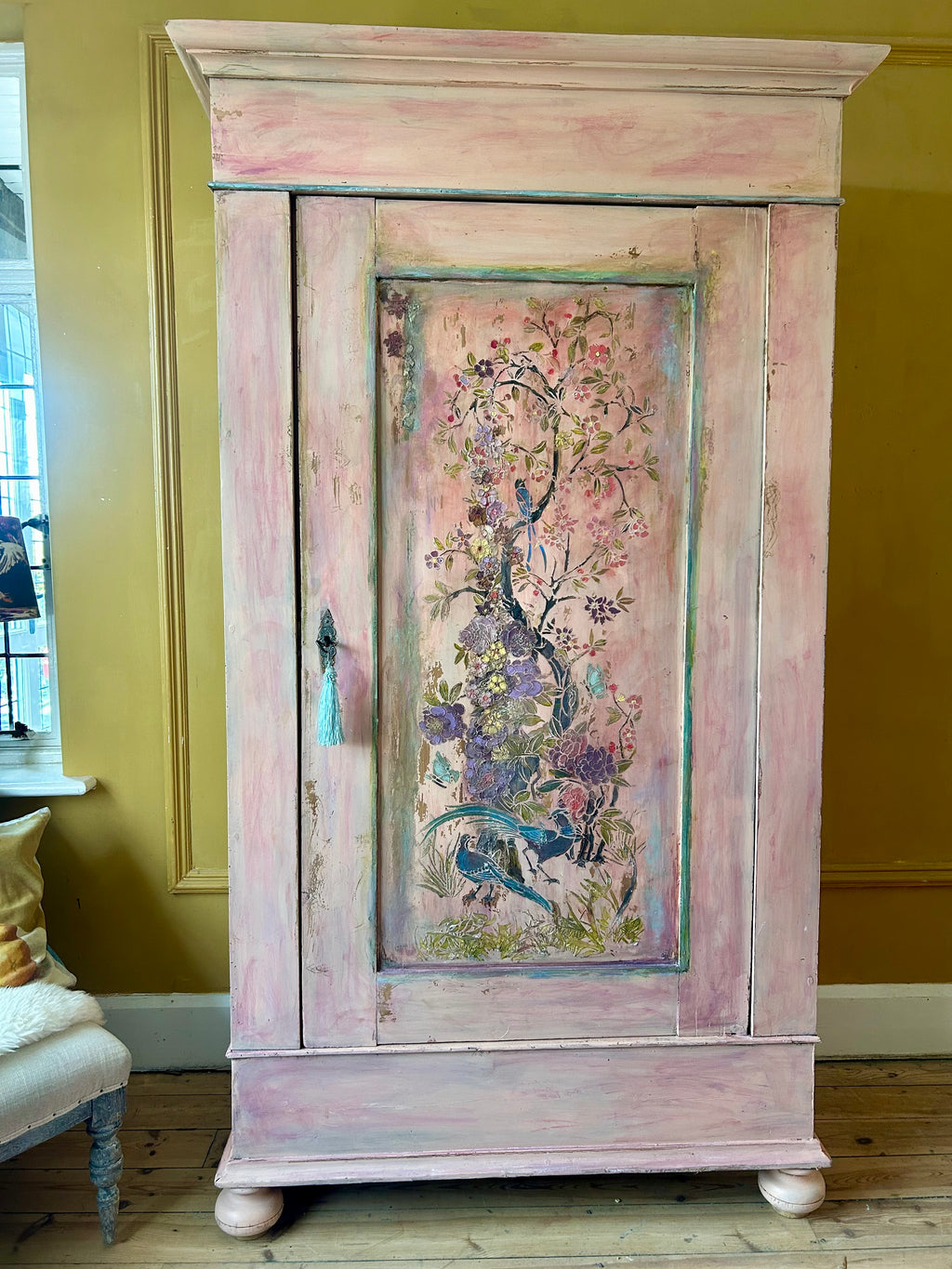 Vintage Painted Cupboard/Armoire with Chinoiserie Panel