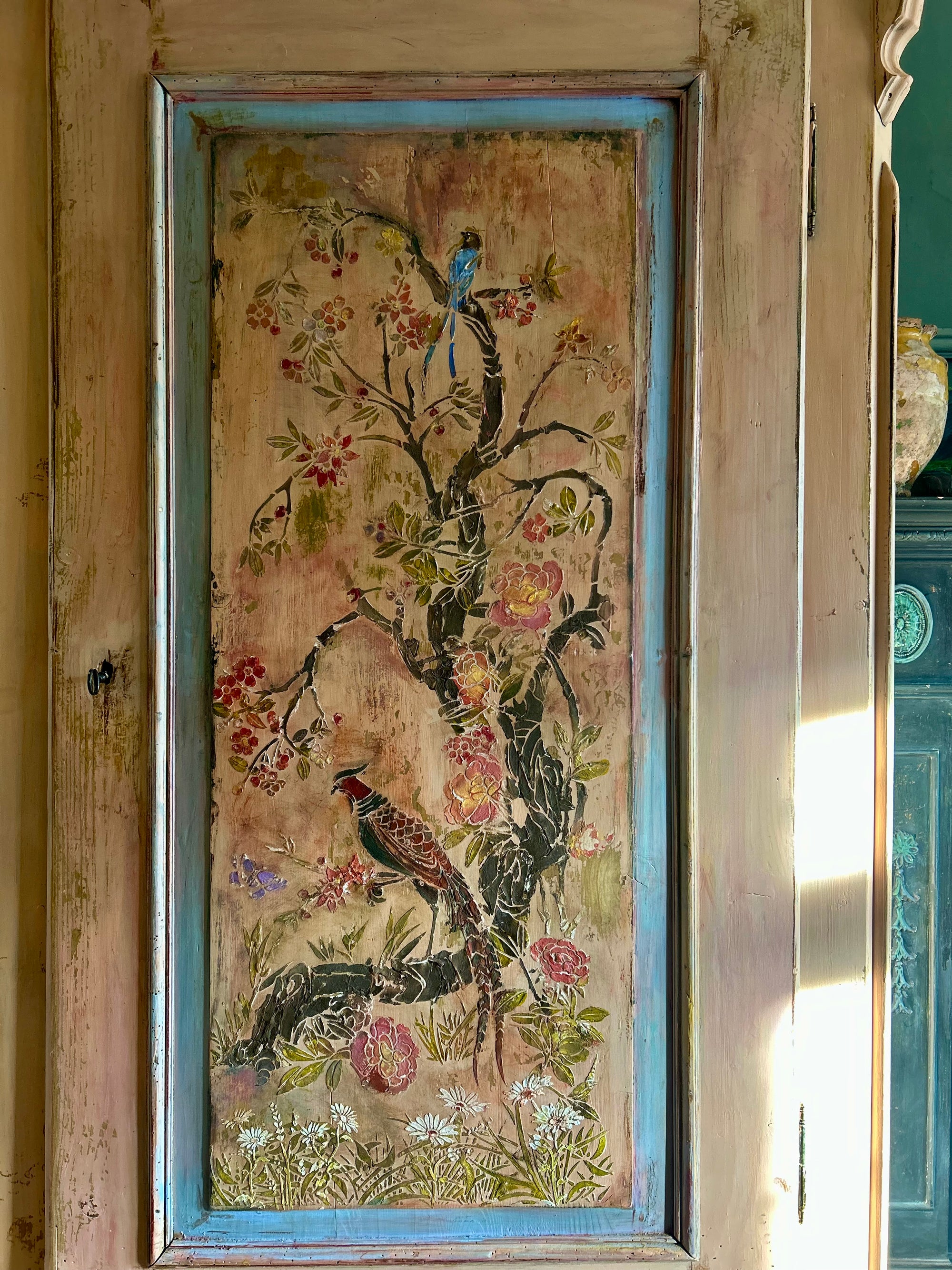 Vintage Painted Pune Armoire with Chinoiserie