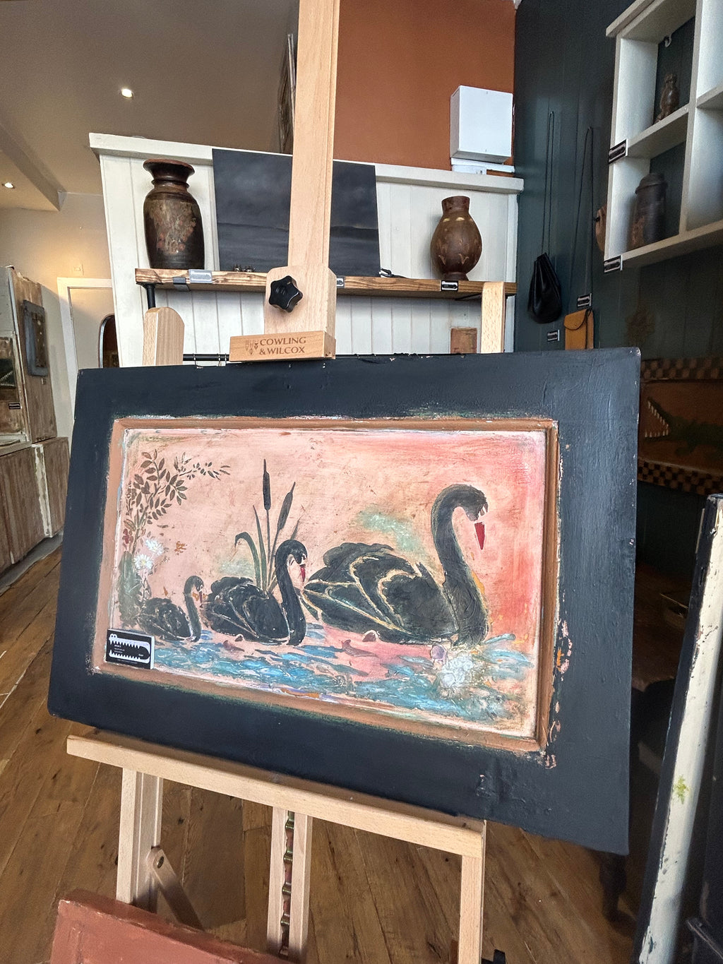 Reclaimed Door Wallhanging with Black Swan Chinoiserie