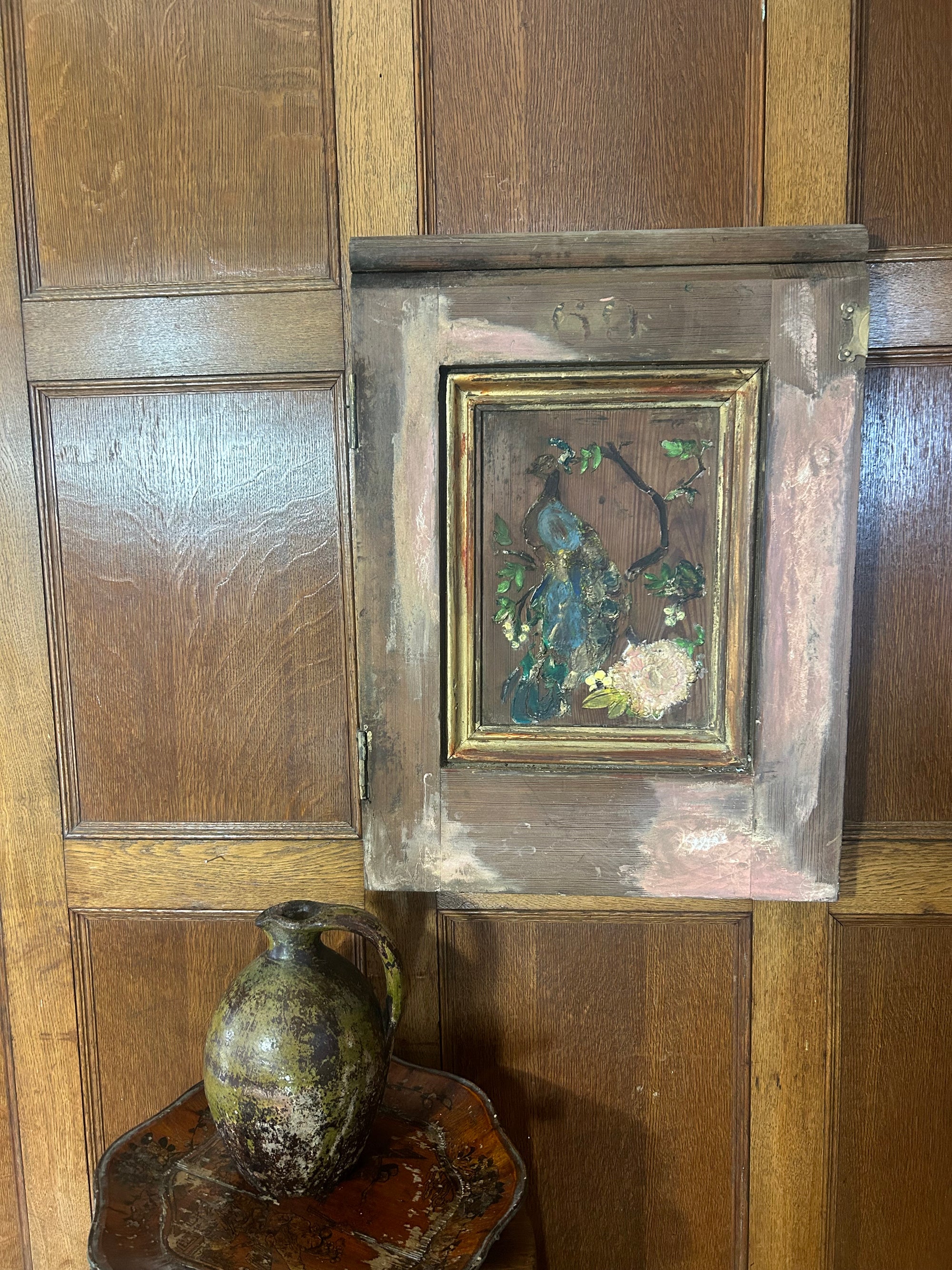 Reclaimed Church Pew Door with Inlaid Peacock