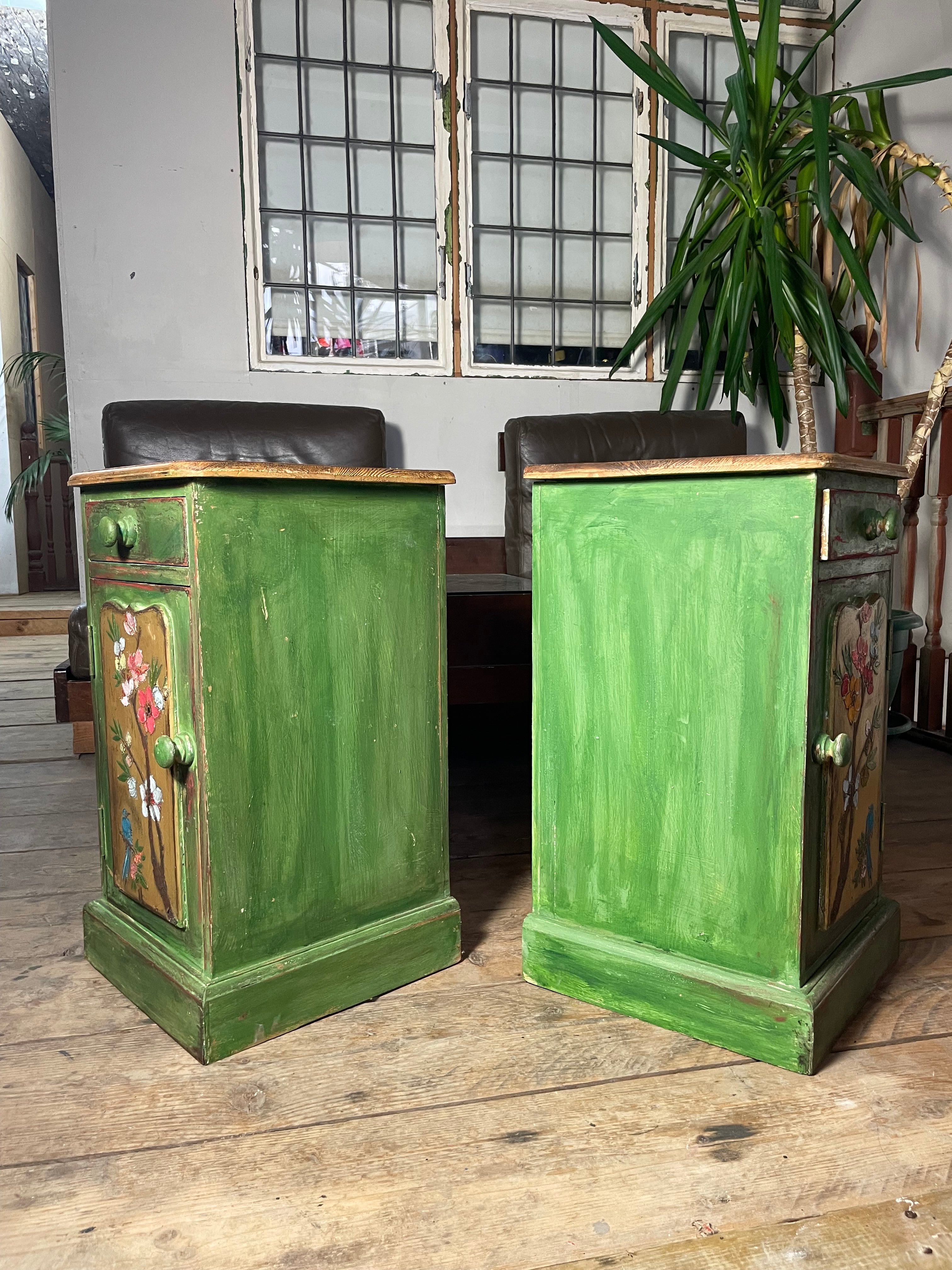 Vintage Painted Pine Bedside Tables with inlaid Chinoiserie