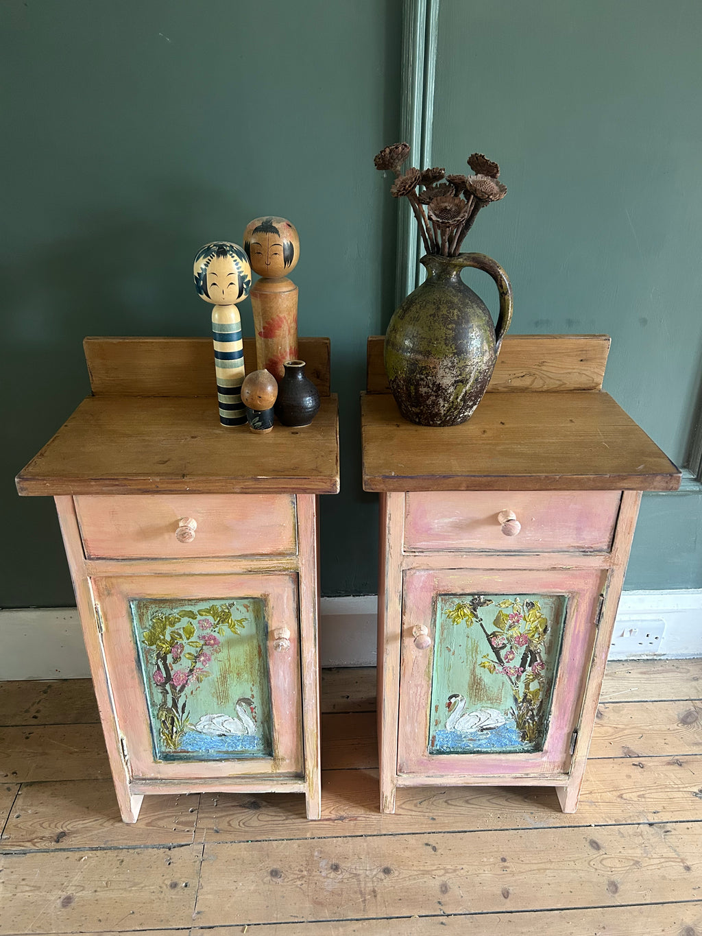Vintage Painted Pine Bedside Cabinets with Inlaid Chinoiserie