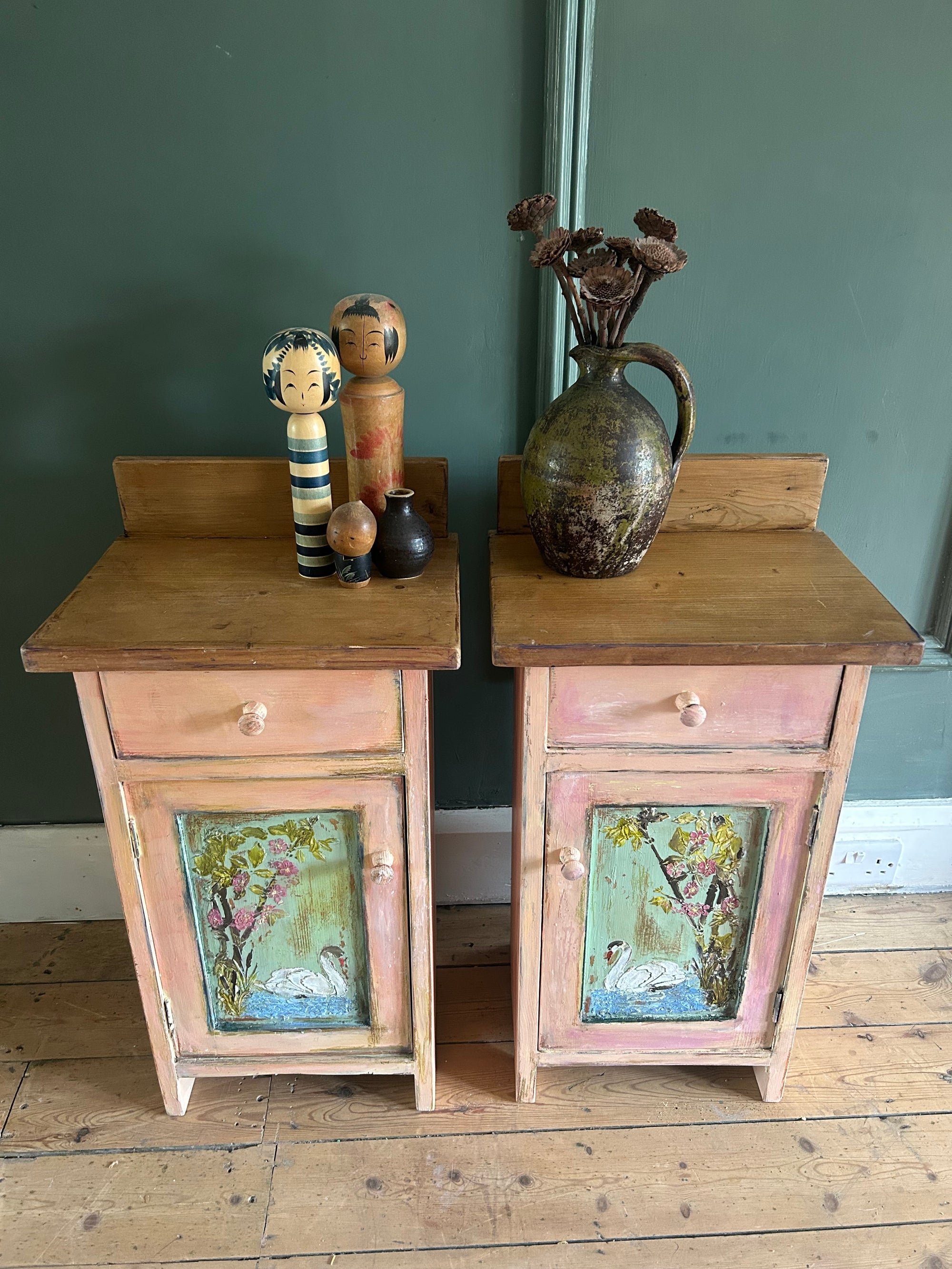 Vintage Painted Pine Bedside Cabinets with Inlaid Chinoiserie