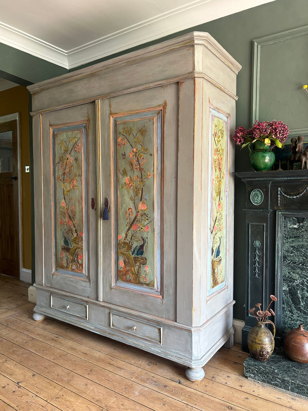 Vintage Painted Double wardrobe with Inlaid Chinoiserie