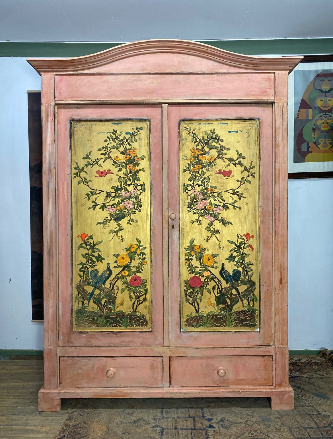 Vintage Pine Knockdown Painted Wardrobe with Chinoiserie Panels