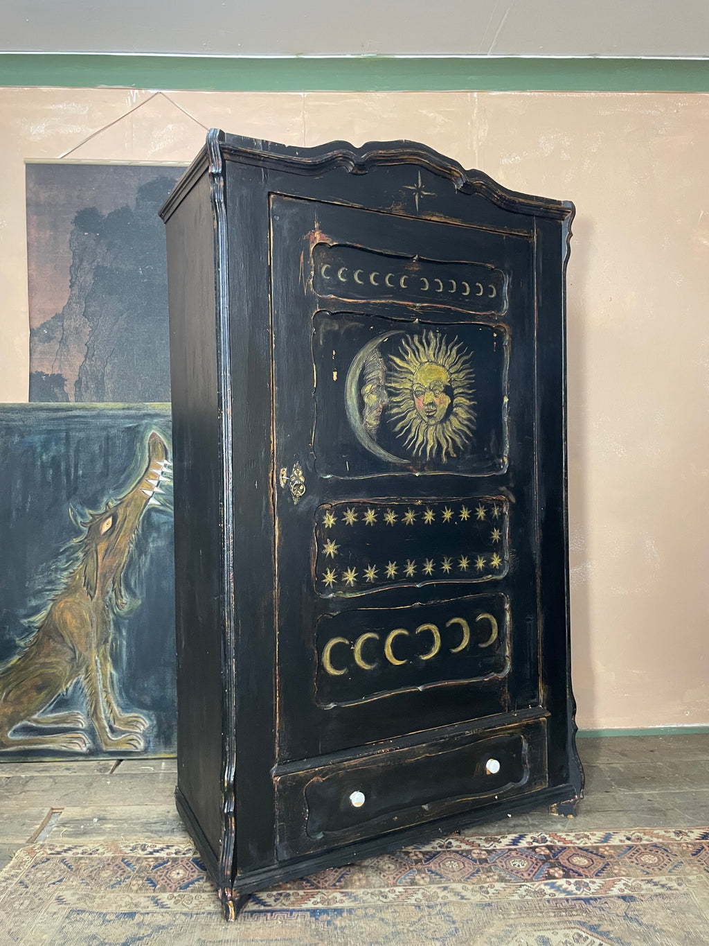 Vintage Painted Pine Folk Art Celestial Wardrobe