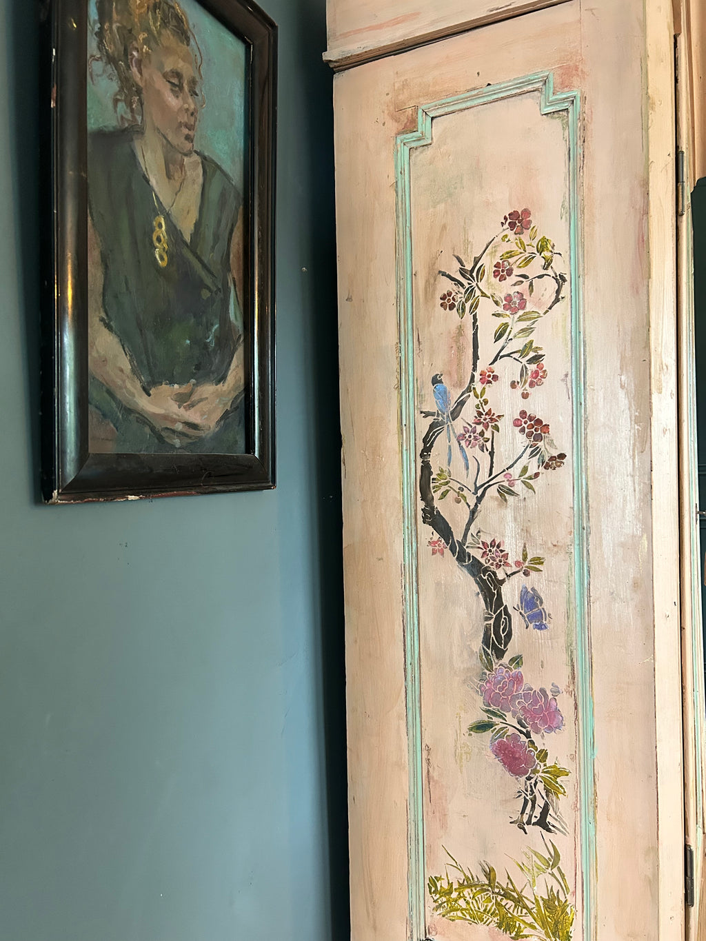 Vintage Painted Pine Wardrobe with Inlaid Chinoiserie