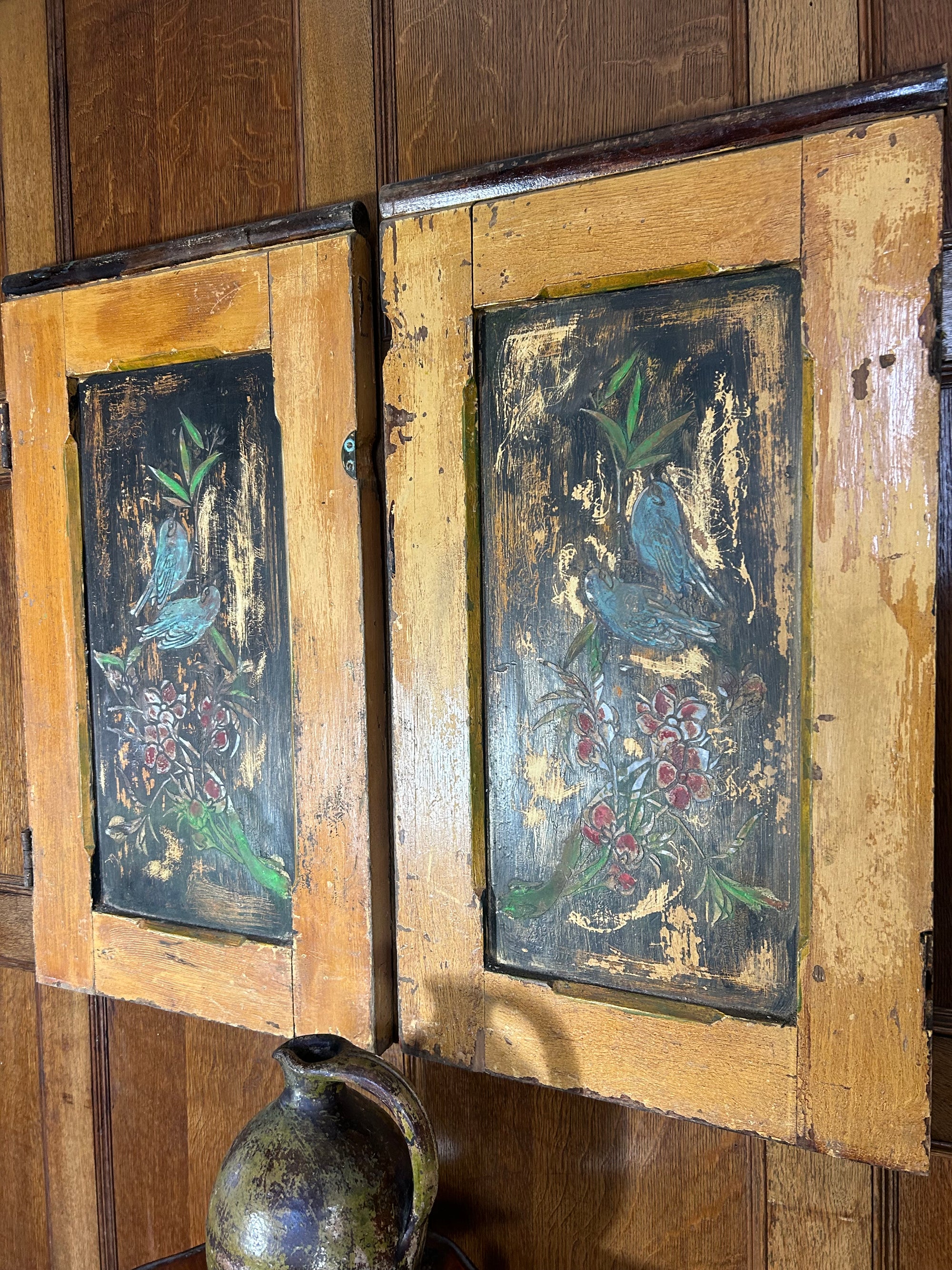 Pair of Reclaimed Door Wallhangings with Inlaid Bird Design