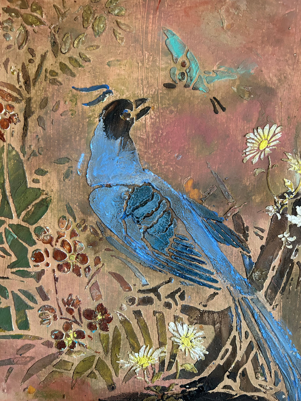 Reclaimed Door Wallhanging with Bird Chinoiserie