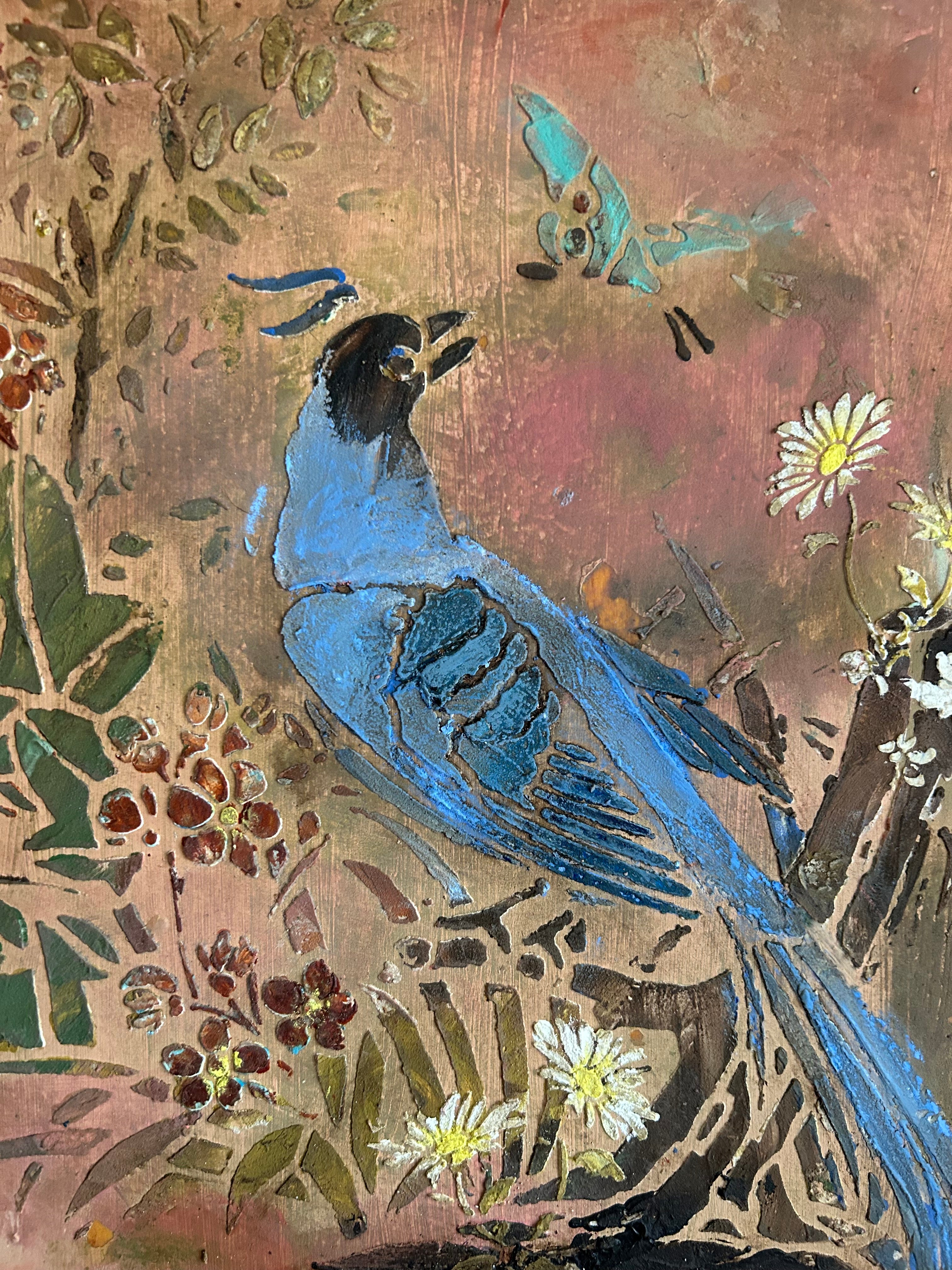 Reclaimed Door Wallhanging with Bird Chinoiserie