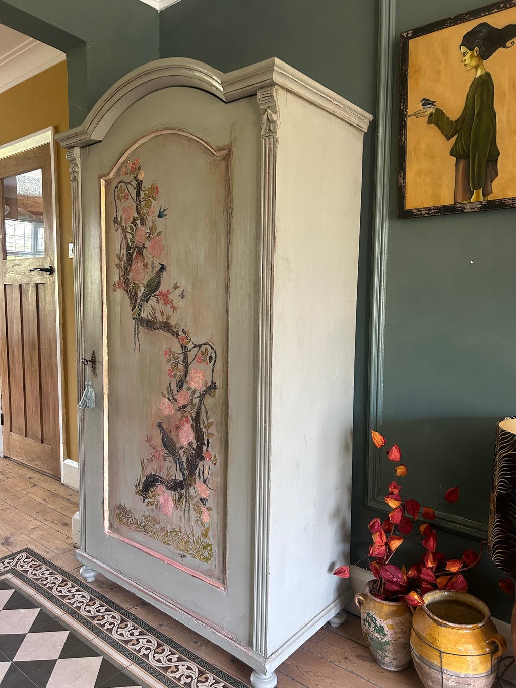 Antique Painted Pine Armoire with Chinoiserie Panel