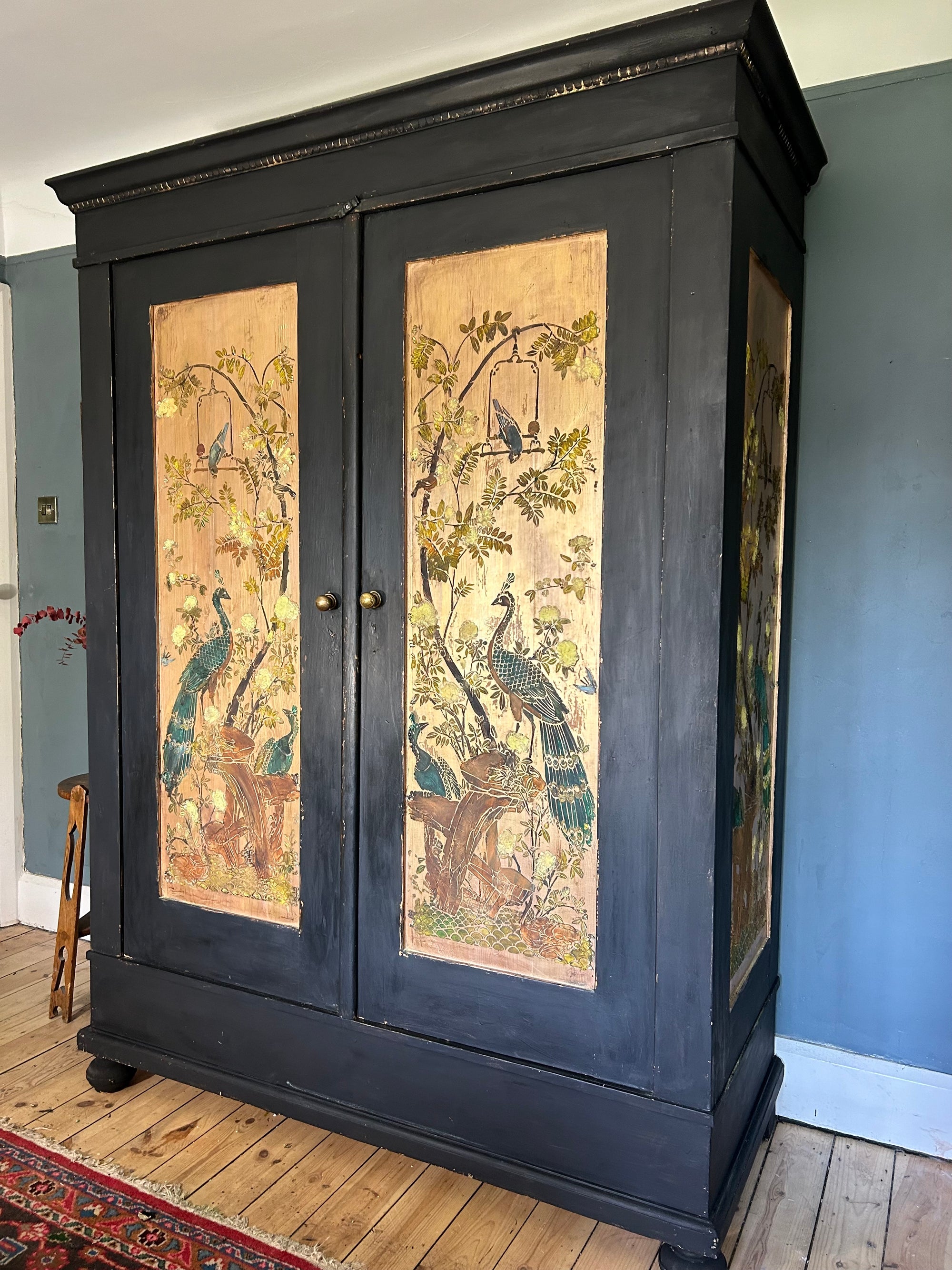 Vintage Painted Pine Double Wardrobe with Inlaid Peacock Chinoiserie