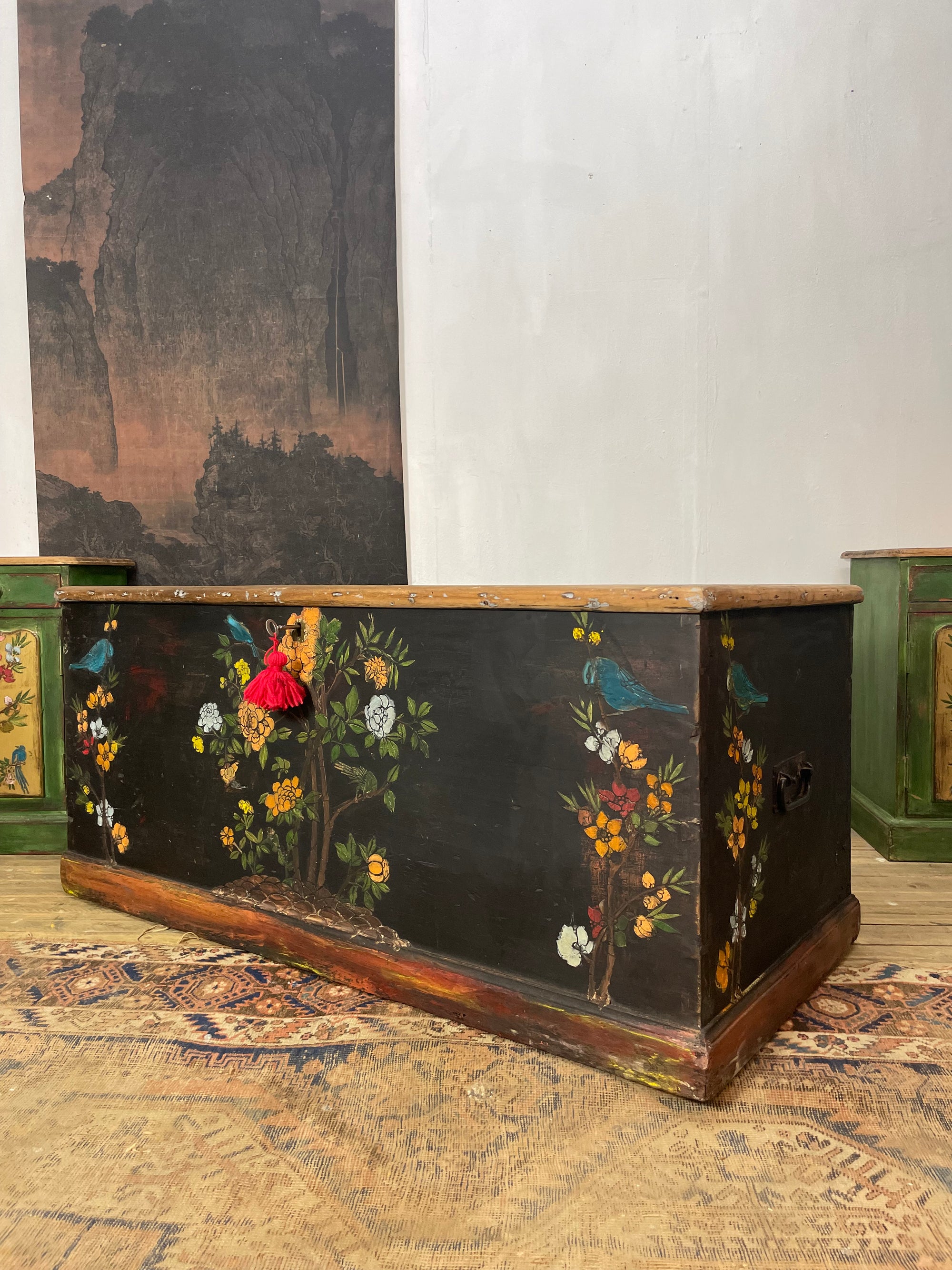 Vintage Painted Pine Blanket Box with Bird Chinoiserie