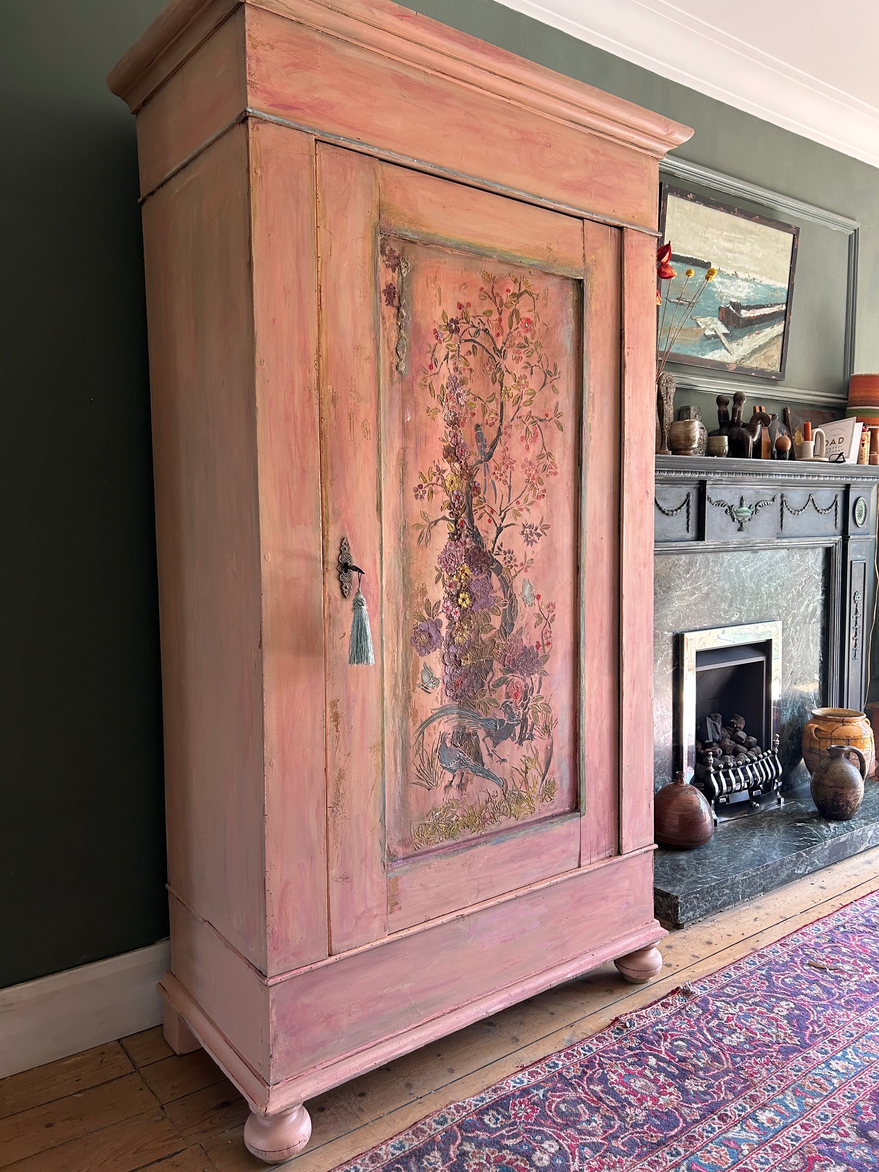 Vintage Painted Cupboard/Armoire with Chinoiserie Panel