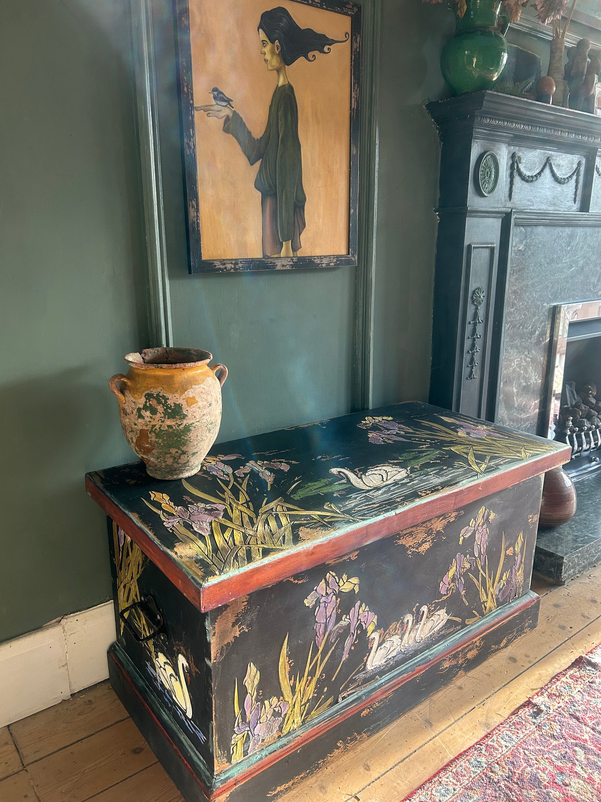 Vintage Painted Blanket Box with Swan Chinoiserie