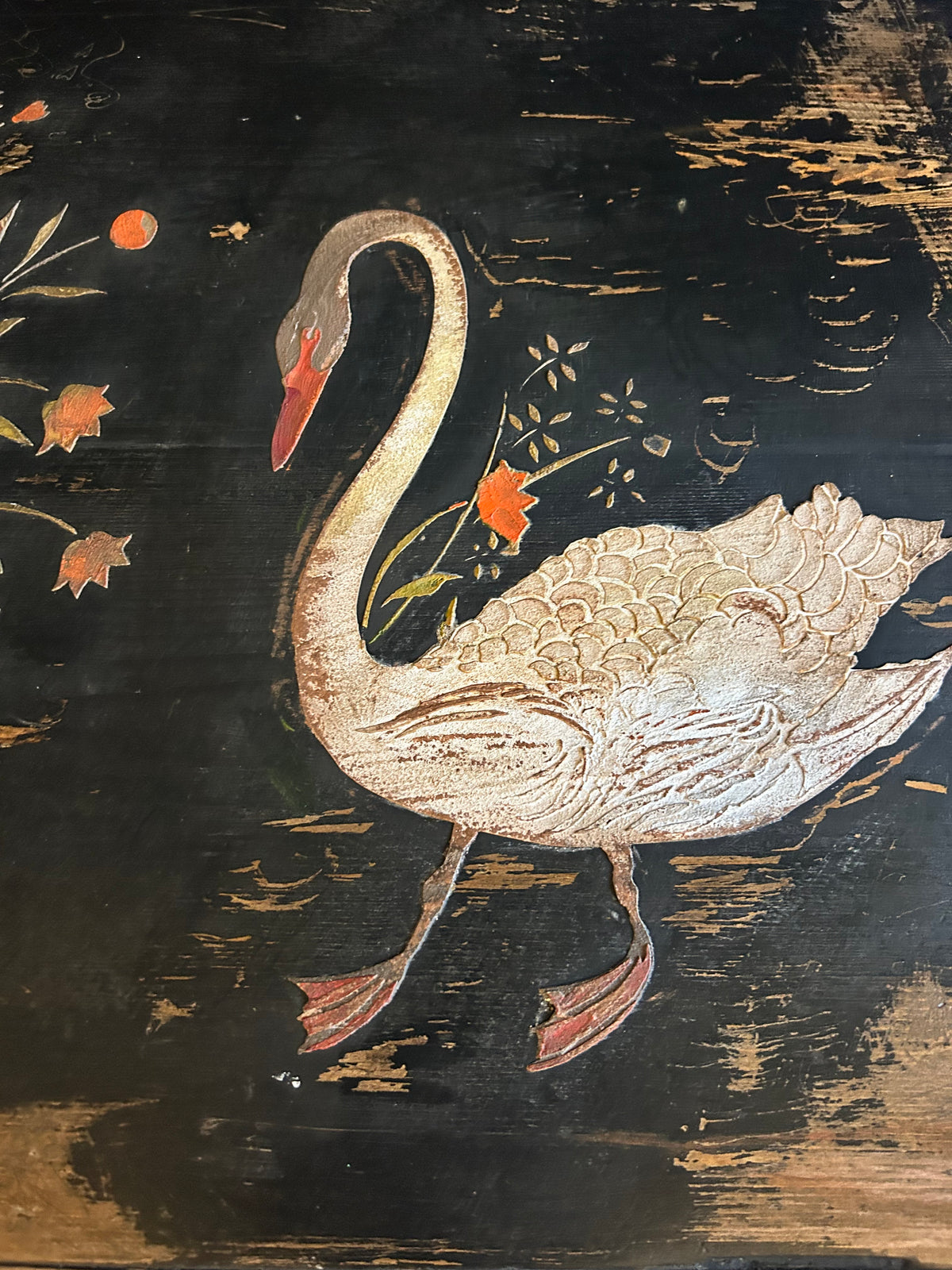 Vintage Painted Blanket Box with Folk Art Swans