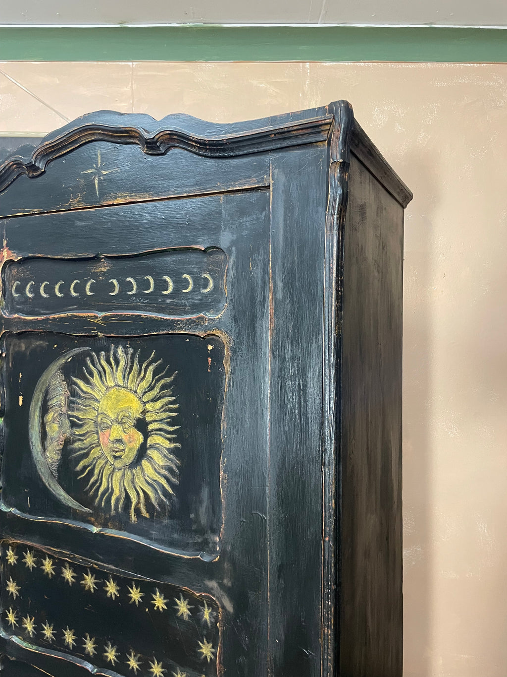 Vintage Painted Pine Folk Art Celestial Wardrobe