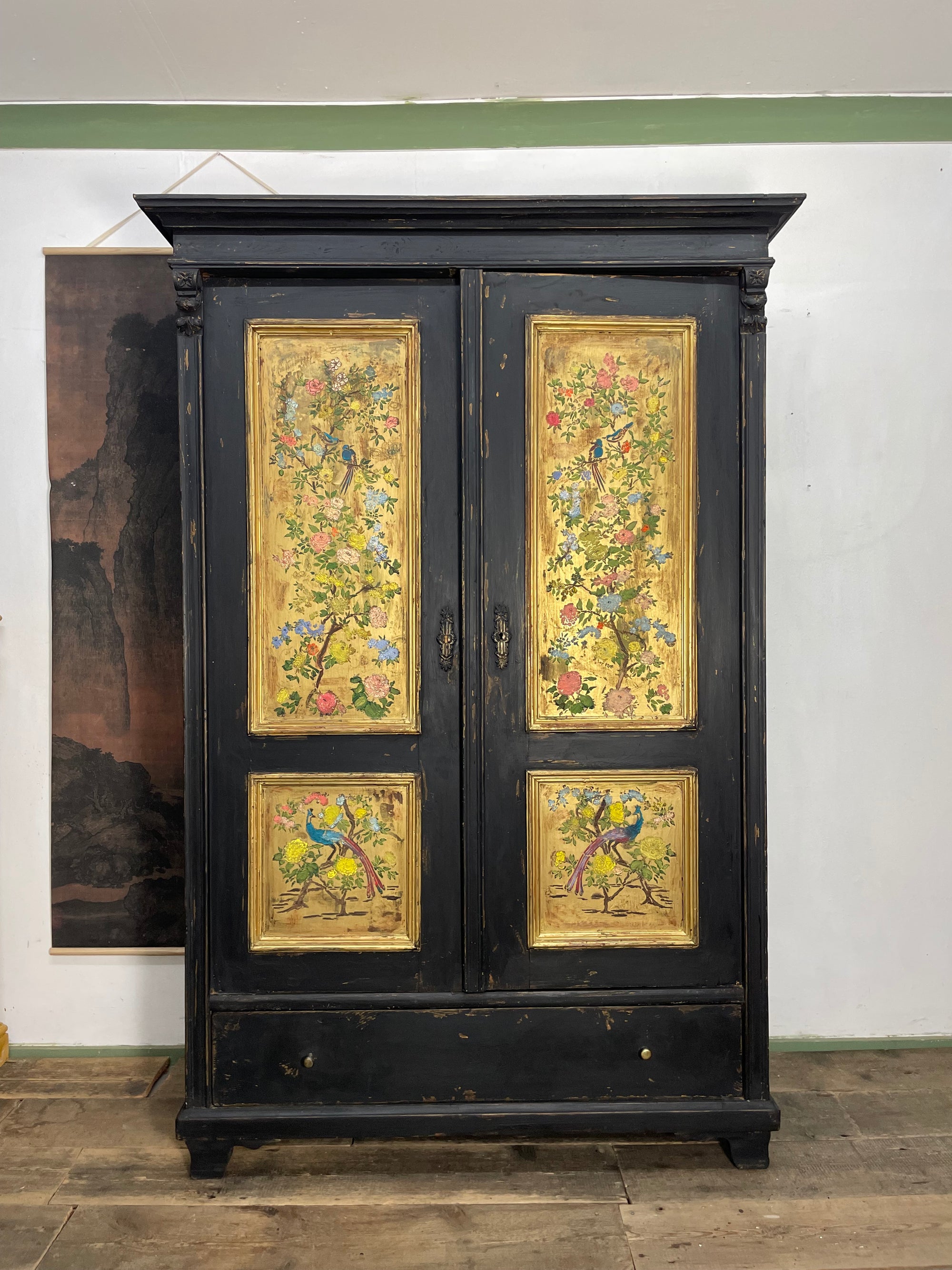 Vintage Painted Pine Wardrobe with Chinoiserie Panels