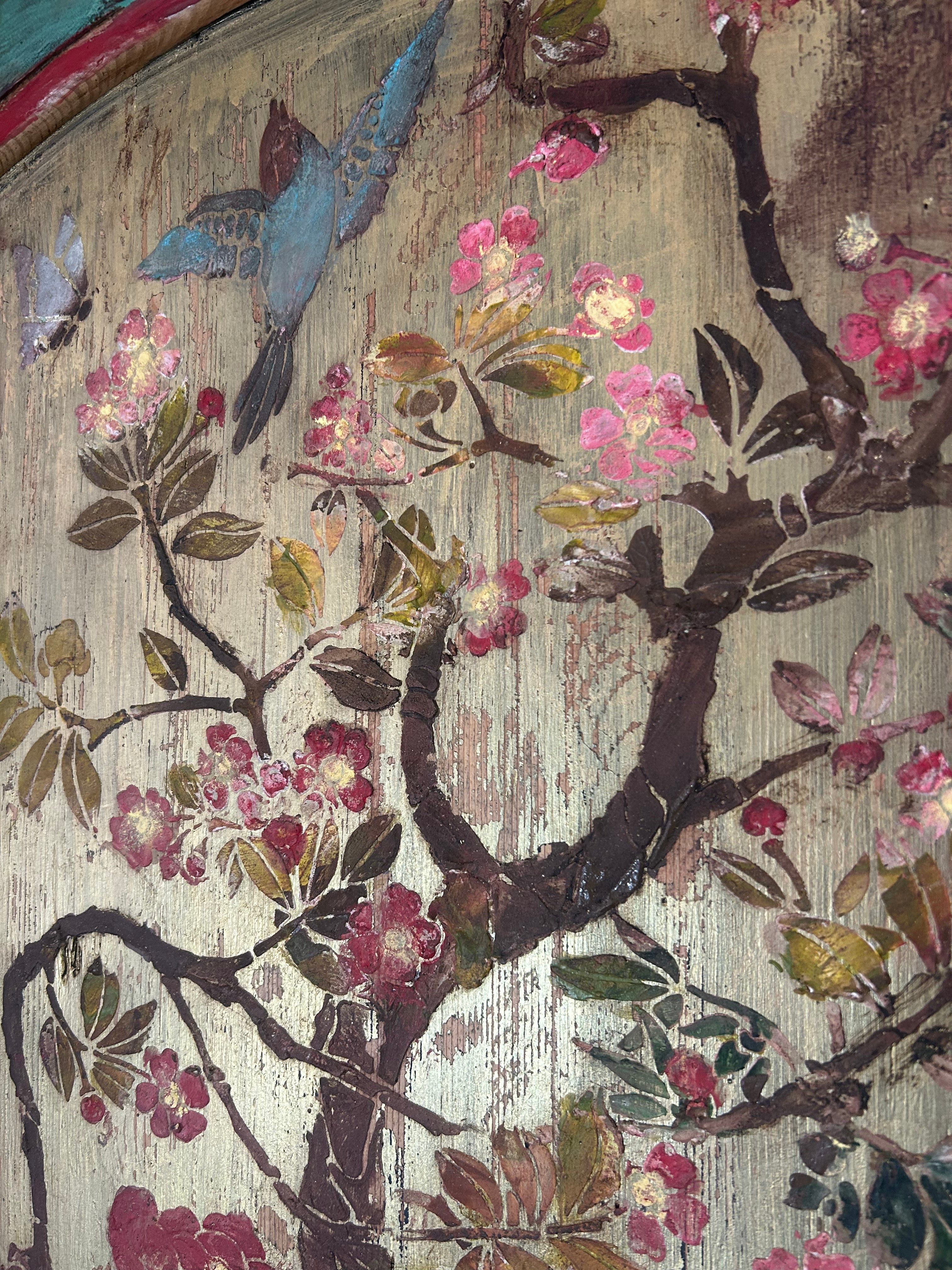Vintage Reclaimed Door Wall Hanging with Inlaid Chinoiserie
