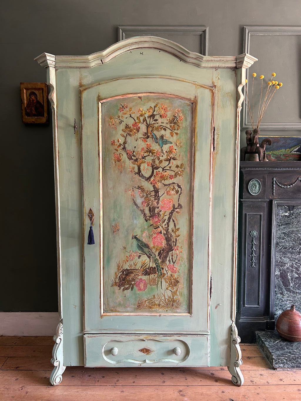 Vintage Painted Pine Armoire with Inlaid Chinoiserie