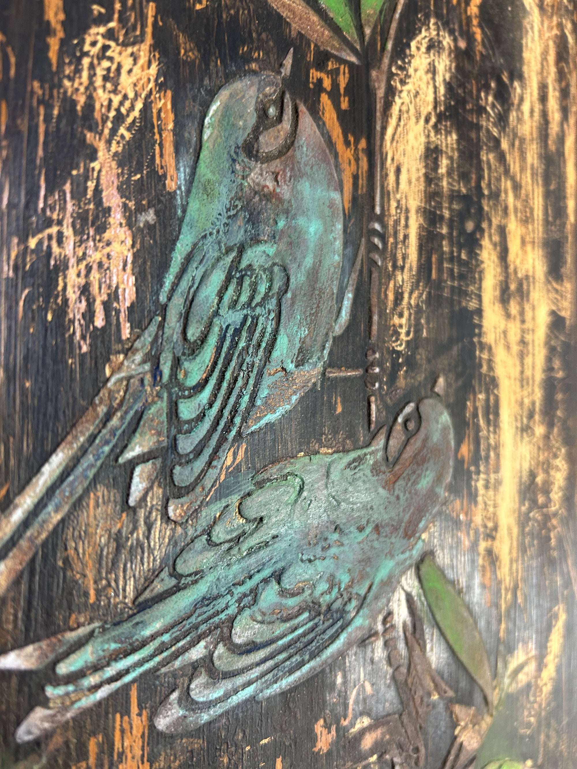 Pair of Reclaimed Door Wallhangings with Inlaid Bird Design