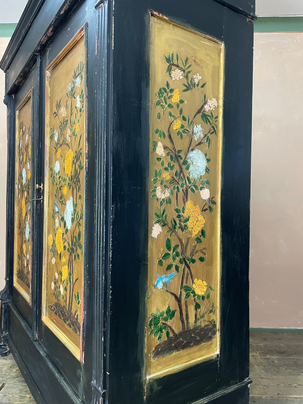 Vintage Painted Pine Wardrobe with Chinoiserie Panels