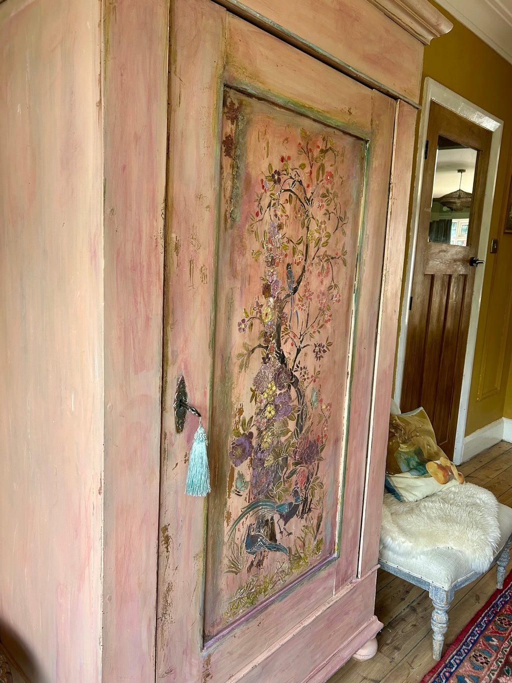 Vintage Painted Cupboard/Armoire with Chinoiserie Panel