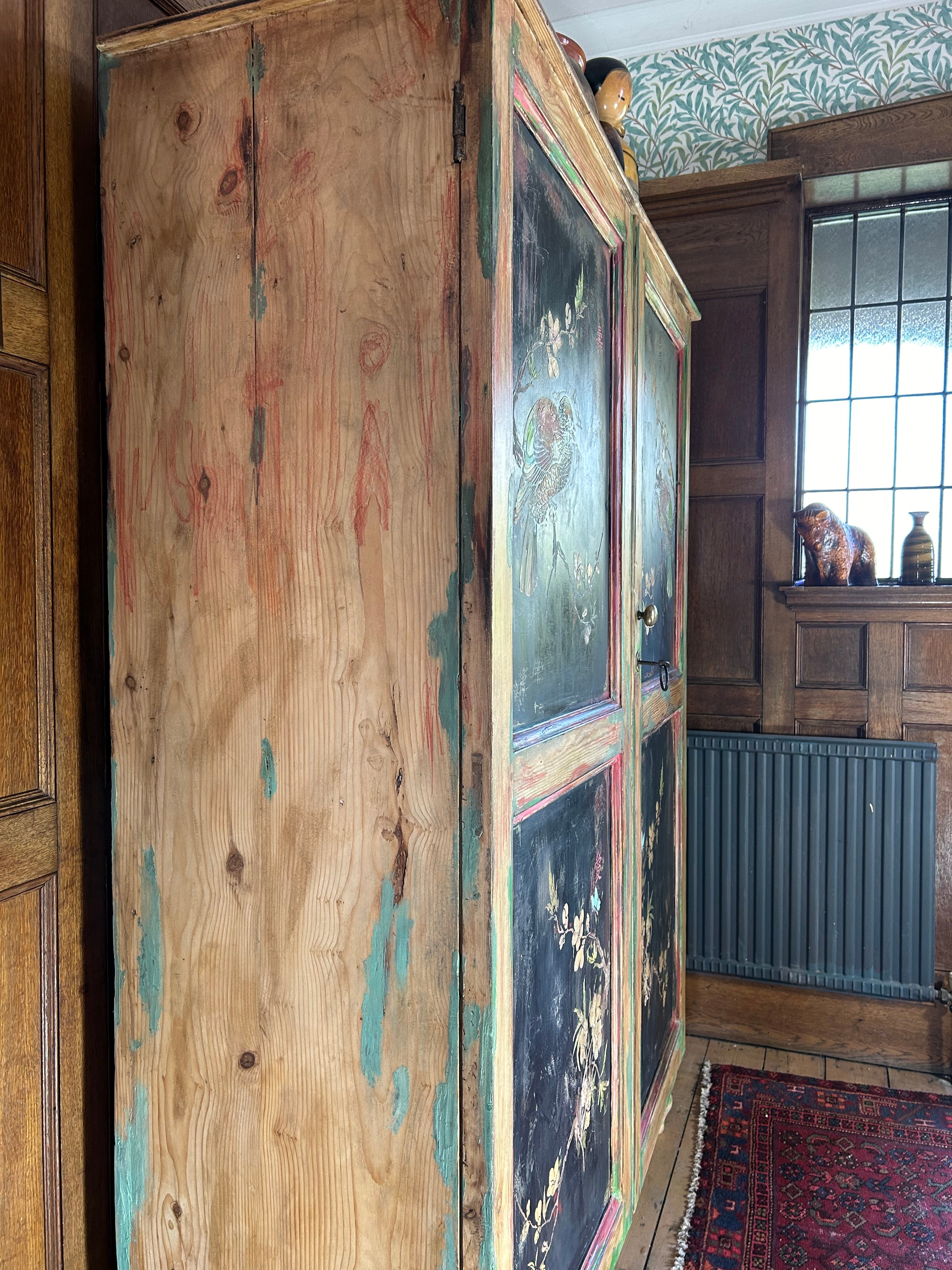 Vintage Painted Pine Linen Press with Inlaid Chinoiserie. RESERVED