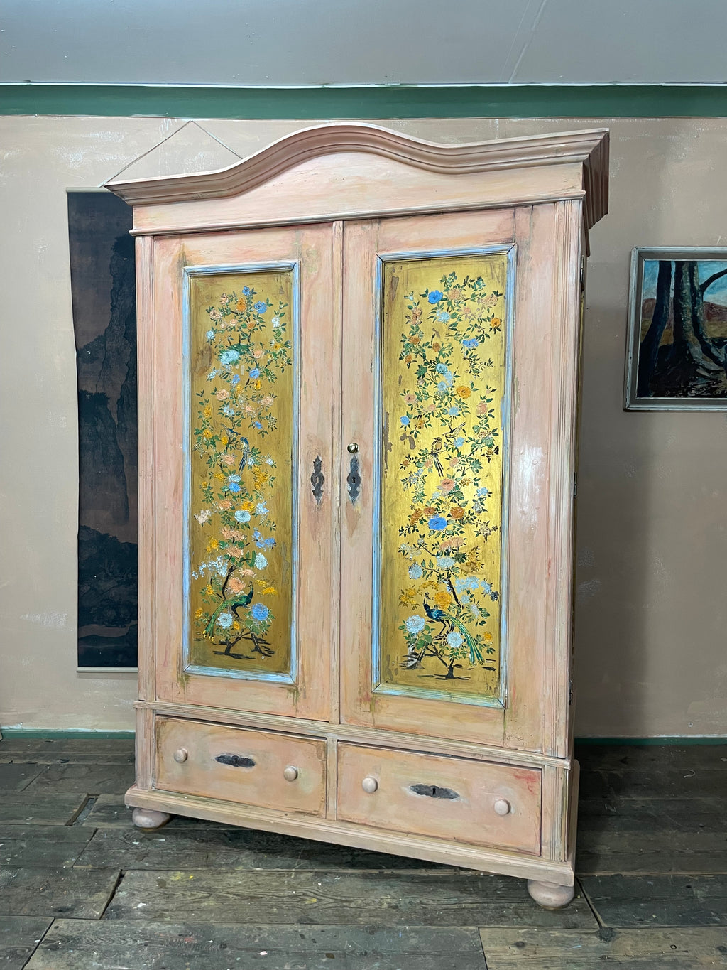Vintage/ Antique Painted Pine Wardrobe with Inlaid Chinoiserie Panels