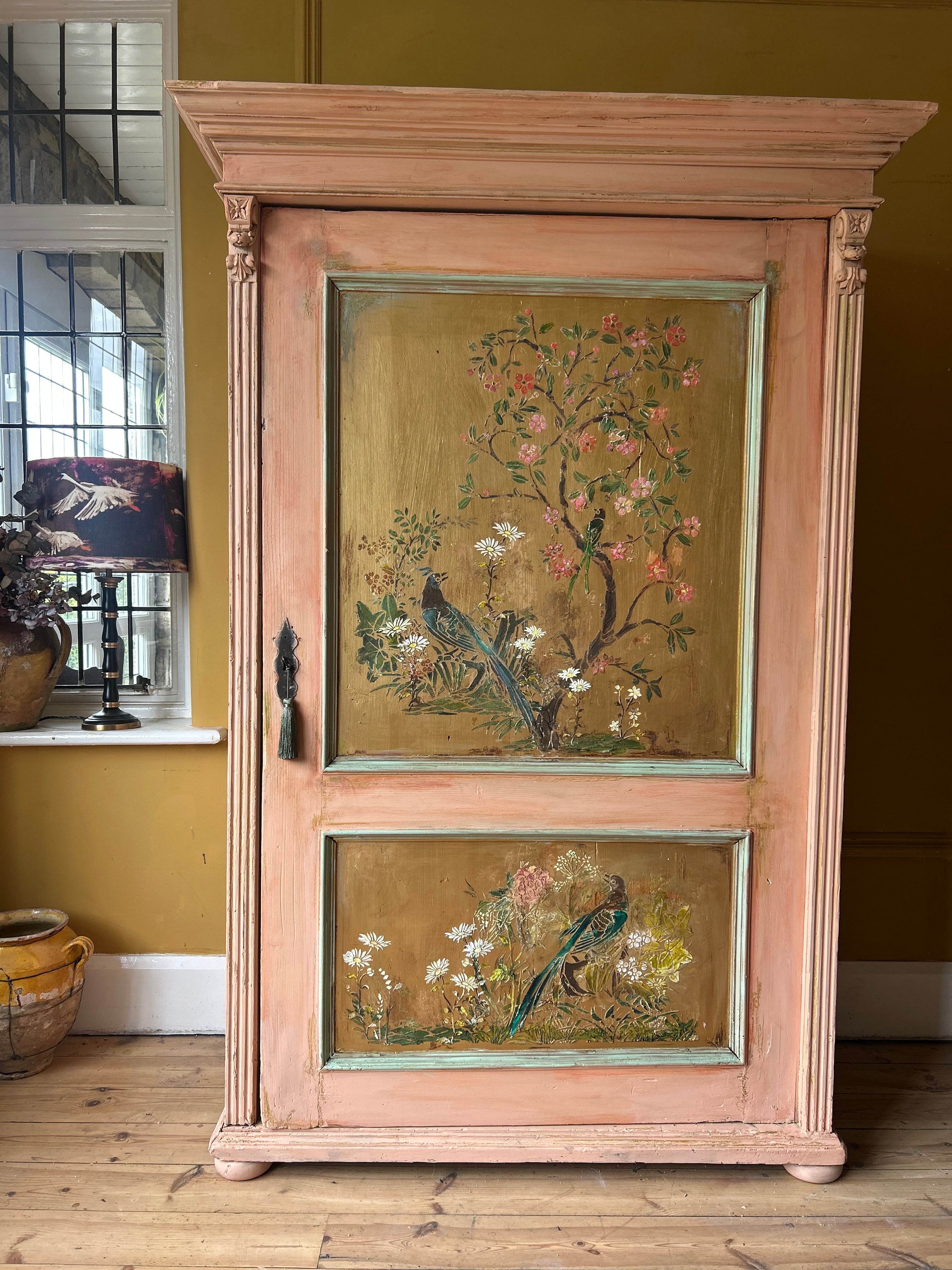 Vintage Painted Pine Armoire/Linen Press with Inlaid Chinoiserie