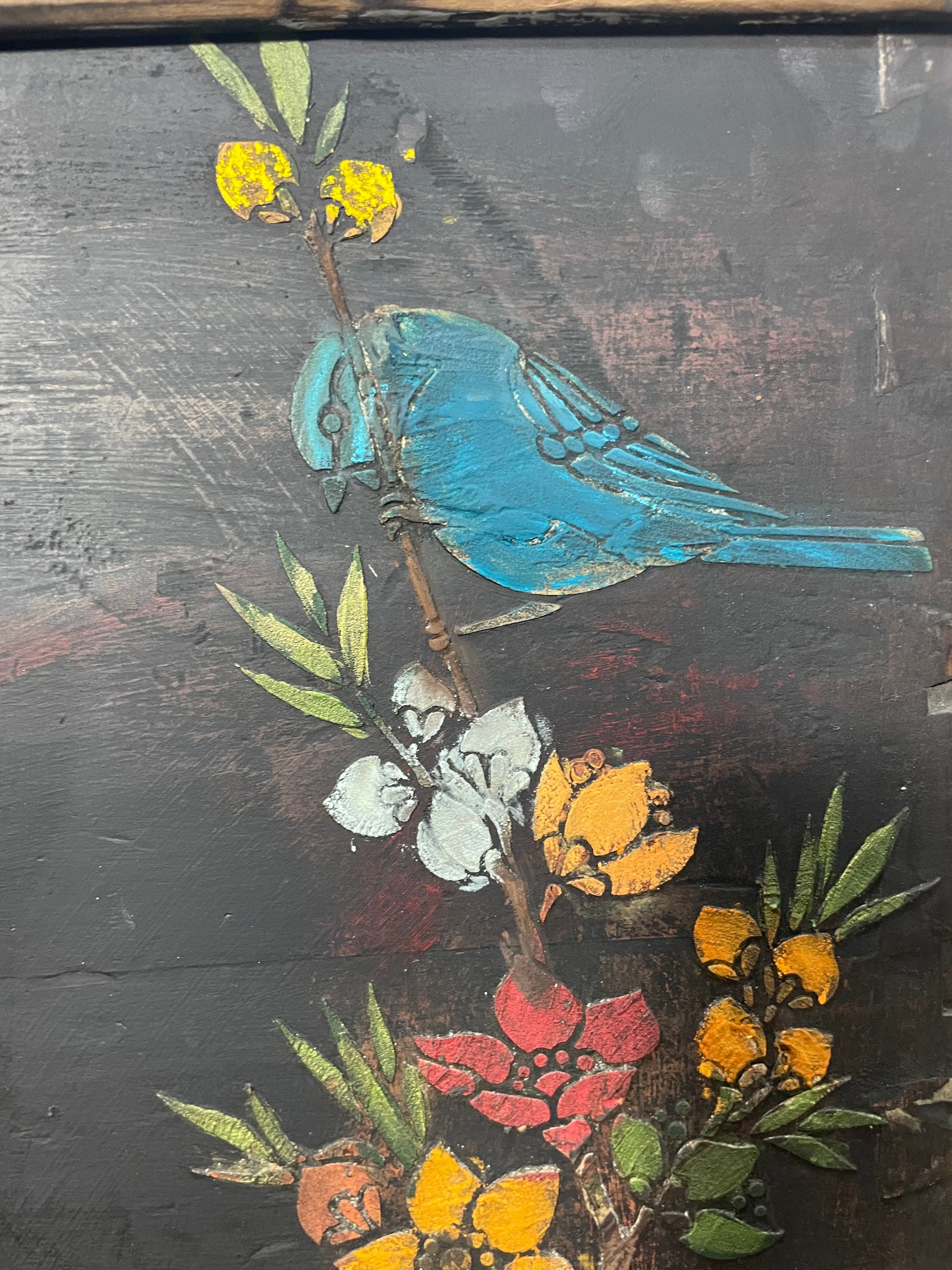 Vintage Painted Pine Blanket Box with Bird Chinoiserie