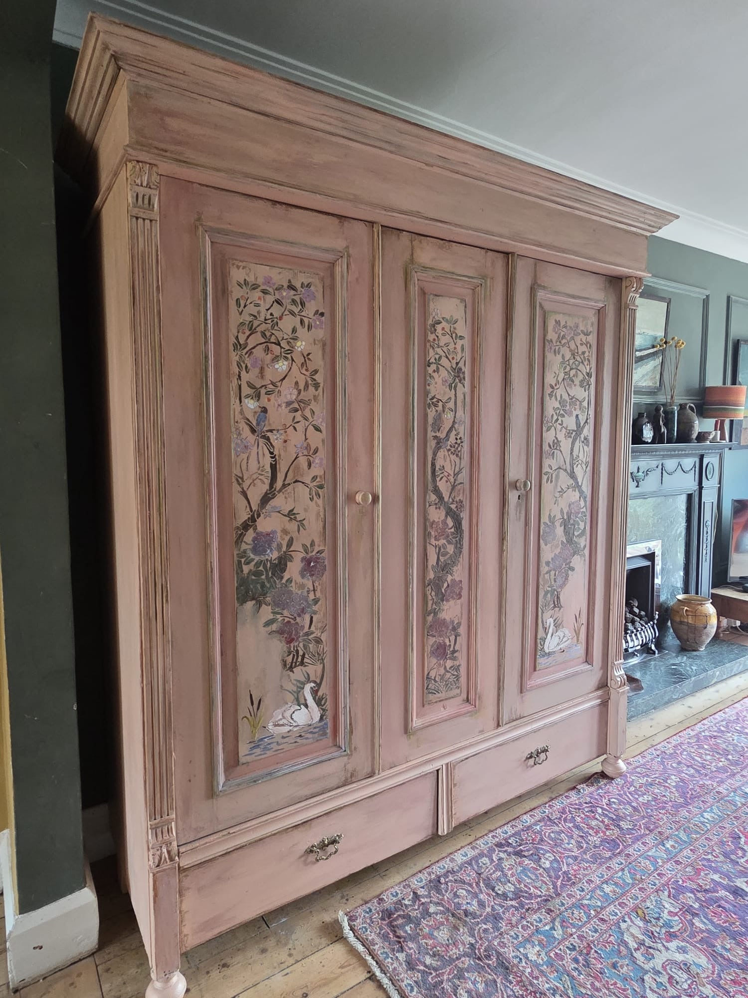 Painted Pine Triple wardrobe with Chinoiserie Panels