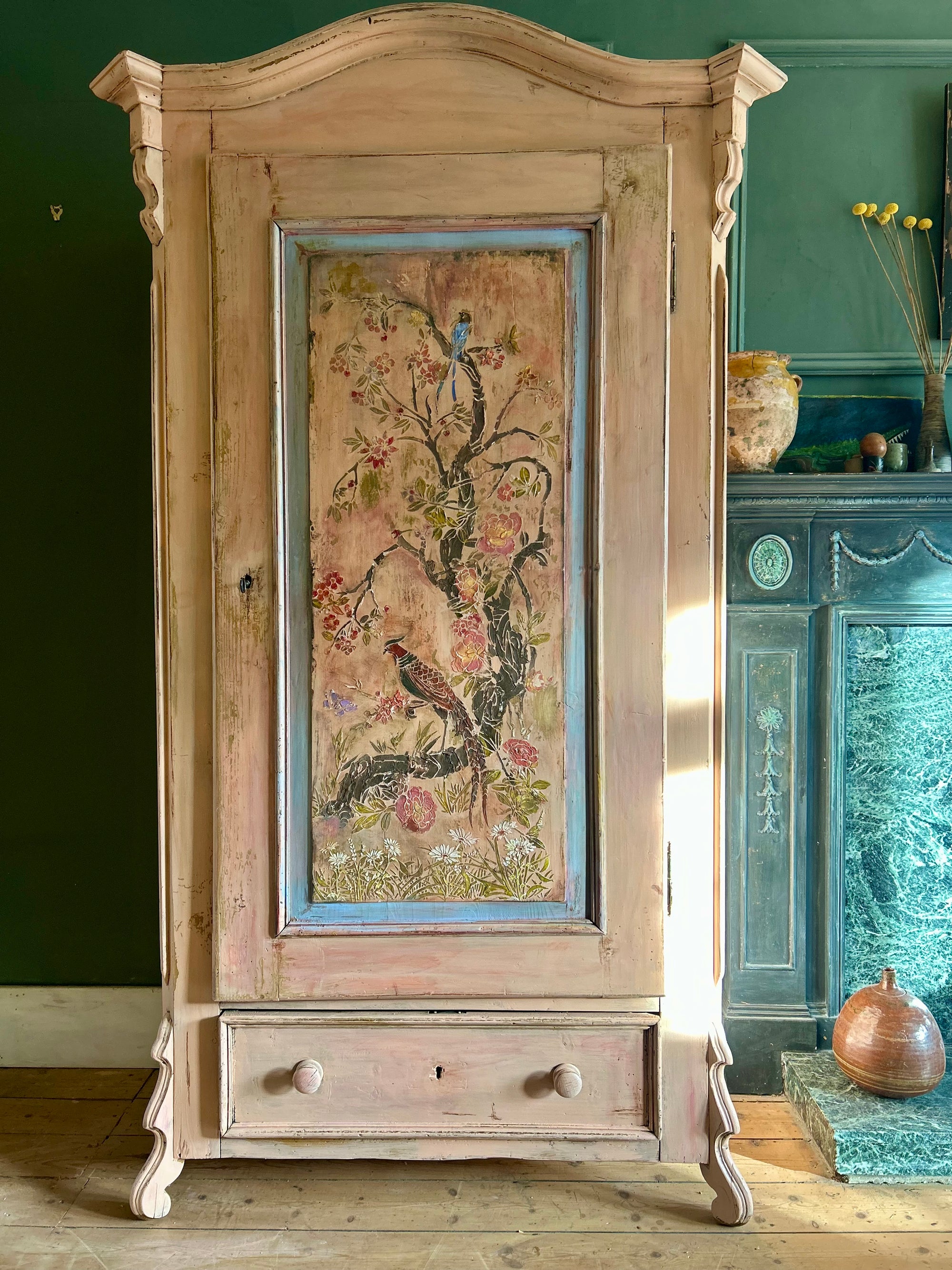Vintage Painted Pune Armoire with Chinoiserie