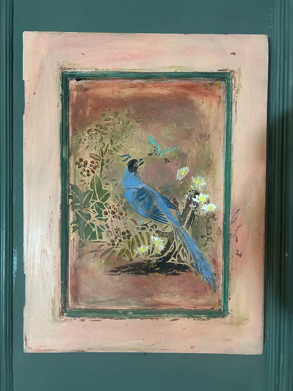 Reclaimed Door Wallhanging with Bird Chinoiserie