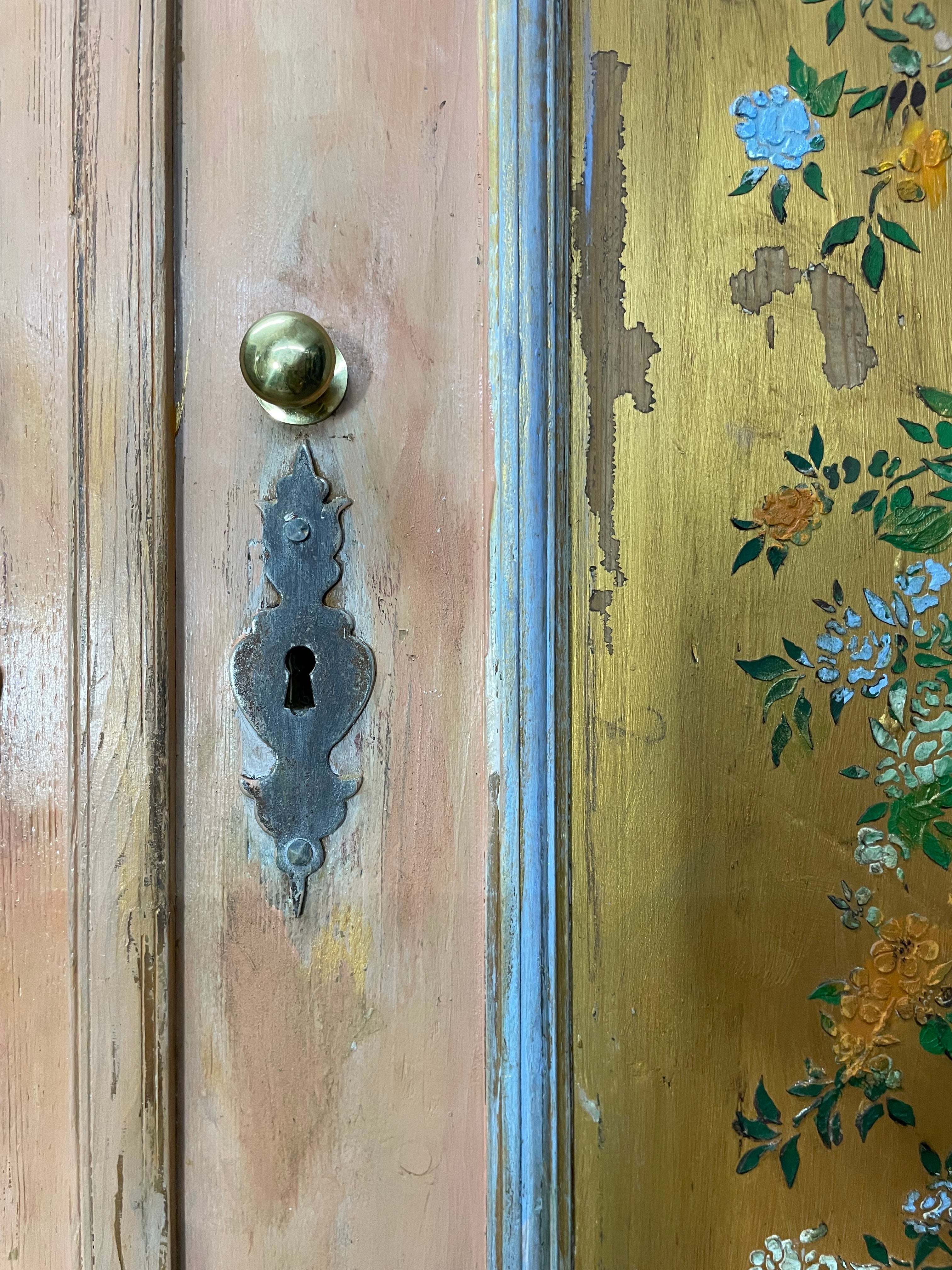 Vintage/ Antique Painted Pine Wardrobe with Inlaid Chinoiserie Panels