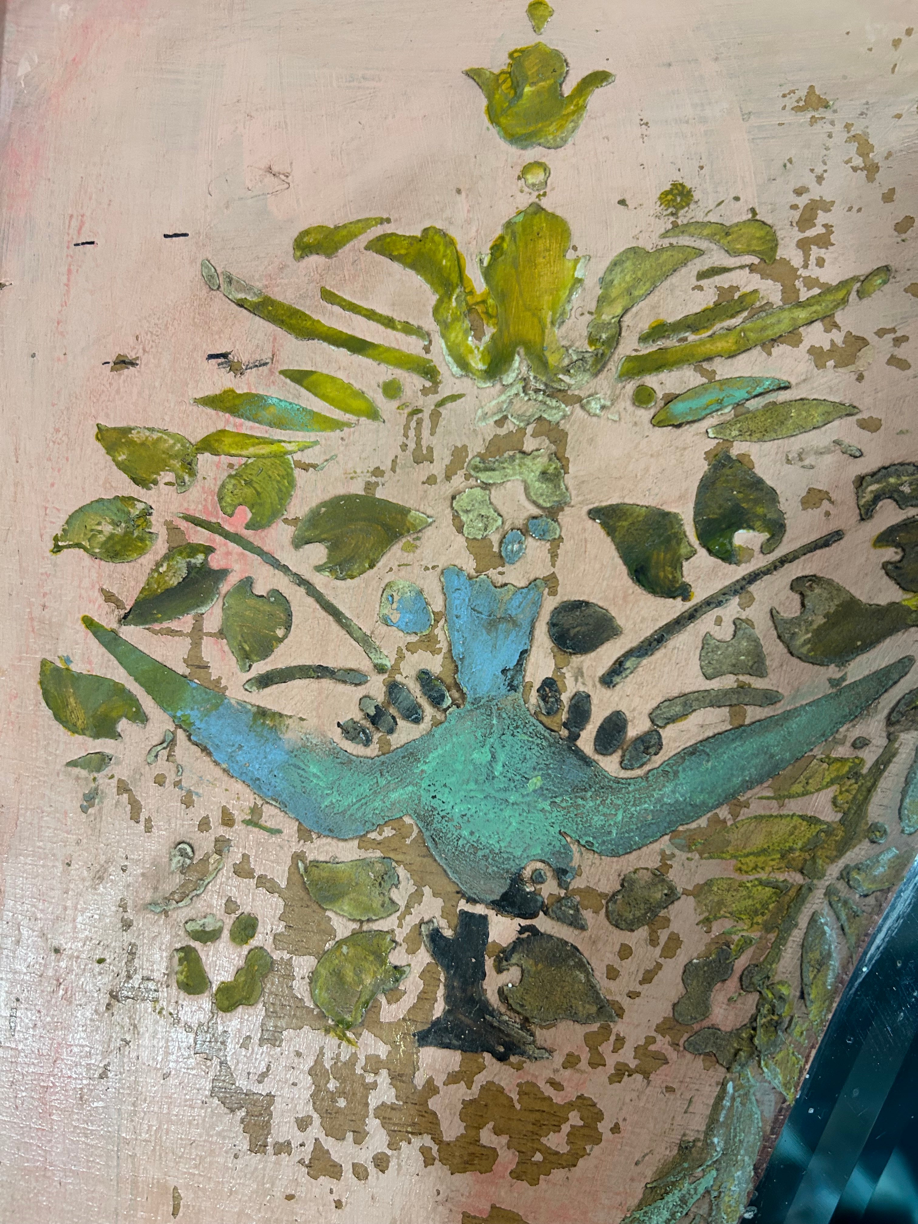 Vintage Painted Pine Triple Wardrobe with Inlaid Chinoiserie