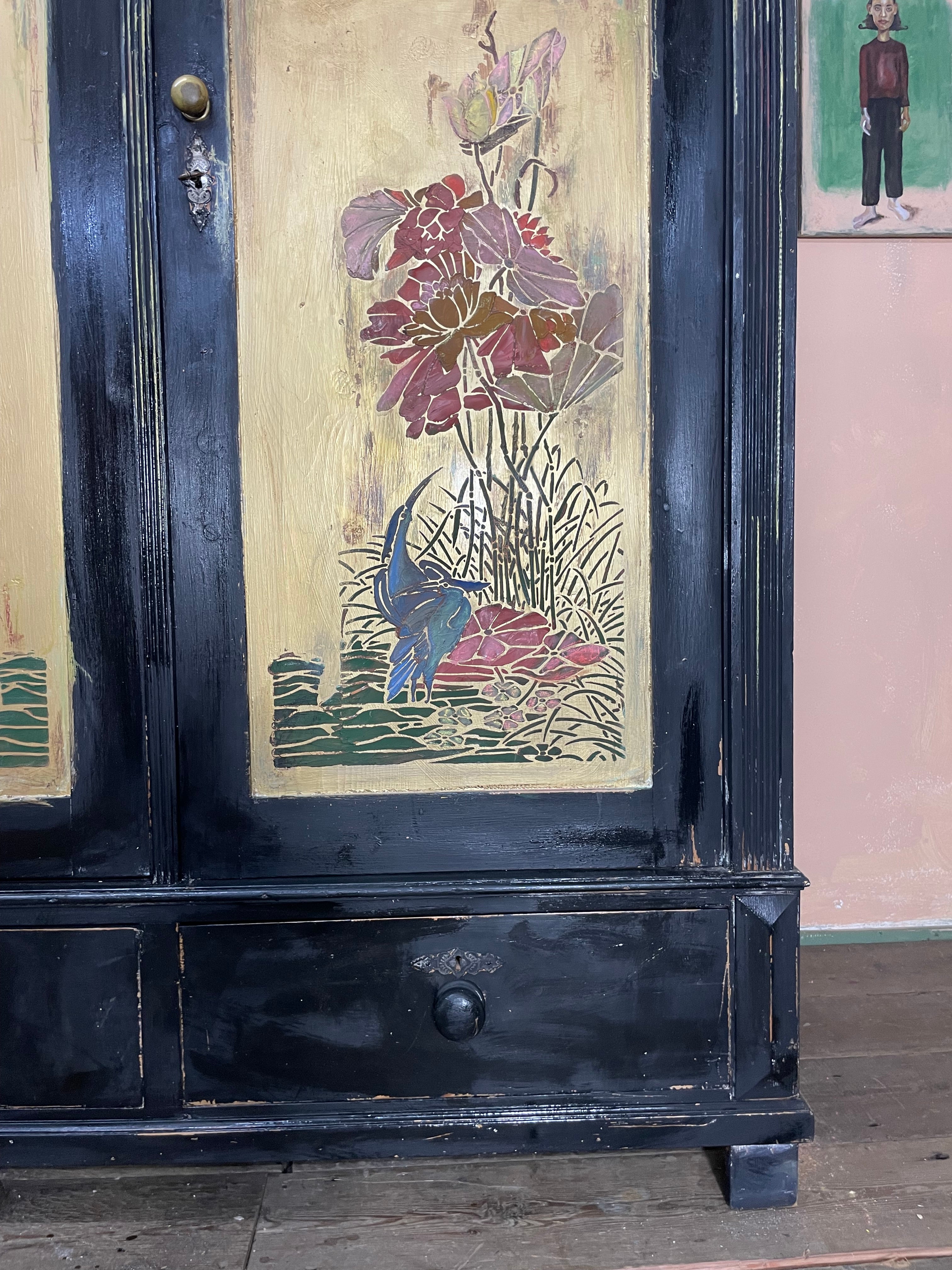 Vintage Painted Pine Knockdown Wardrobe with Inlaid Design