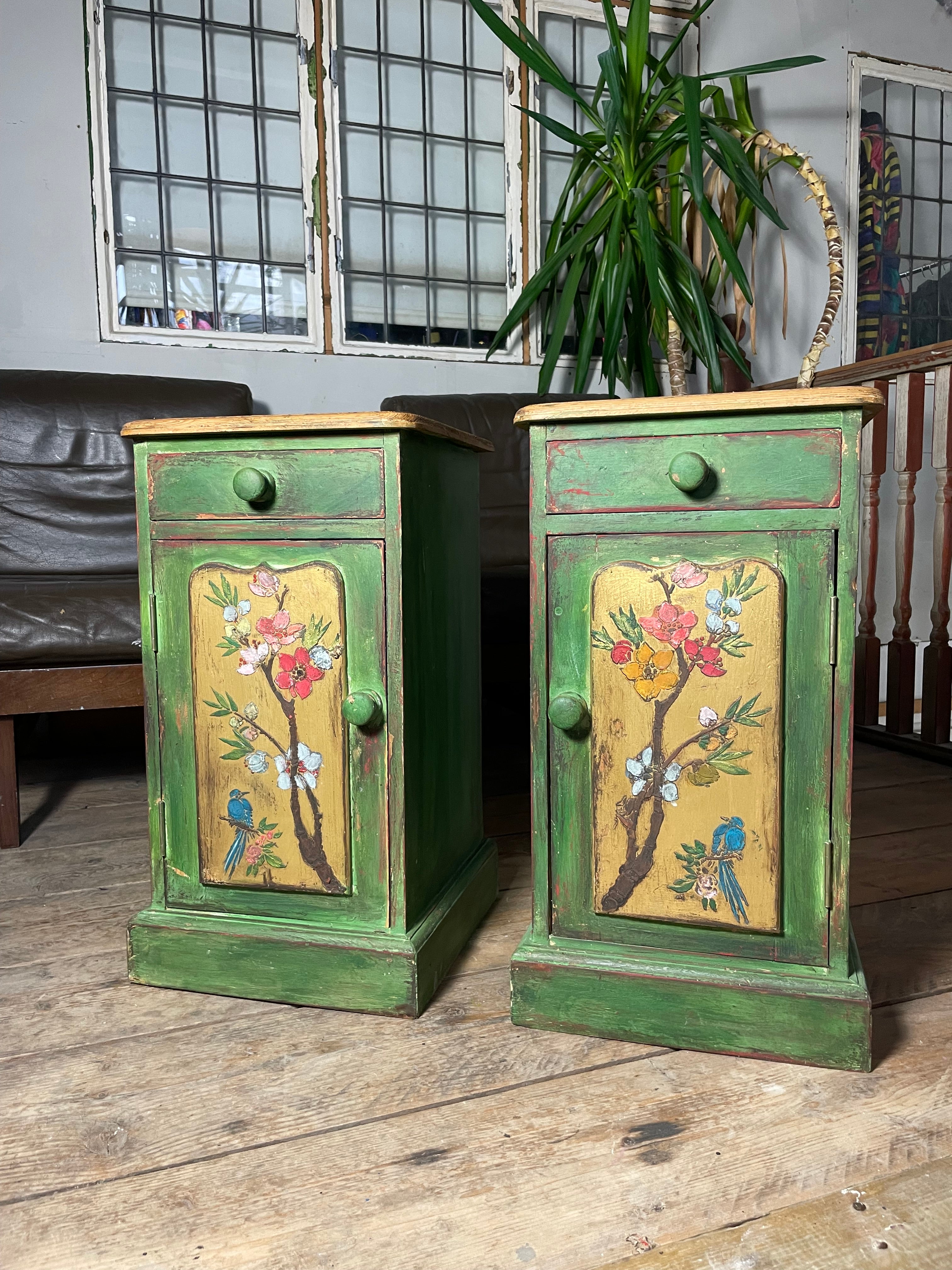 Vintage Painted Pine Bedside Tables with inlaid Chinoiserie