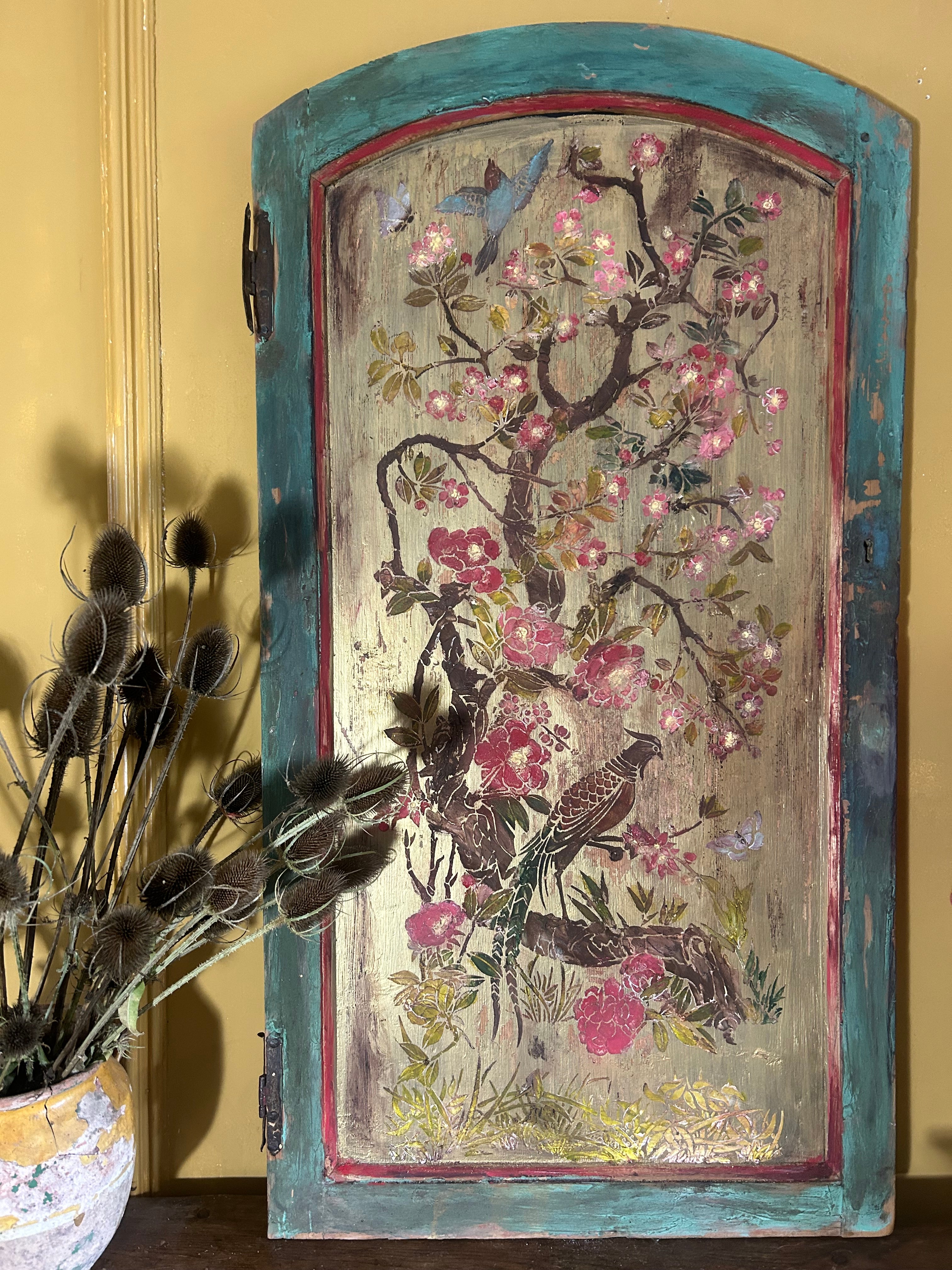 Vintage Reclaimed Door Wall Hanging with Inlaid Chinoiserie