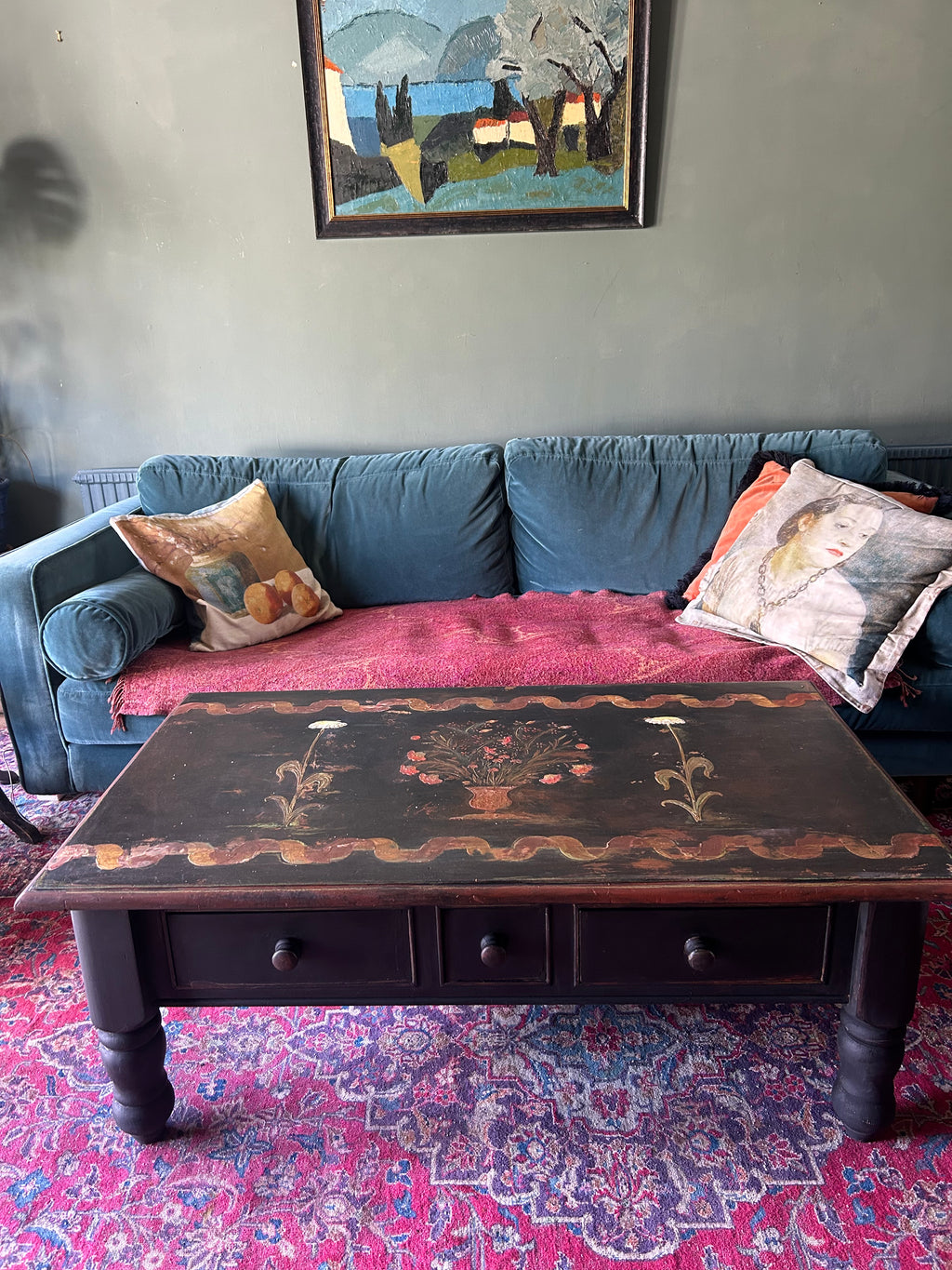 Vintage Painted Coffee Table with Folk Art Design