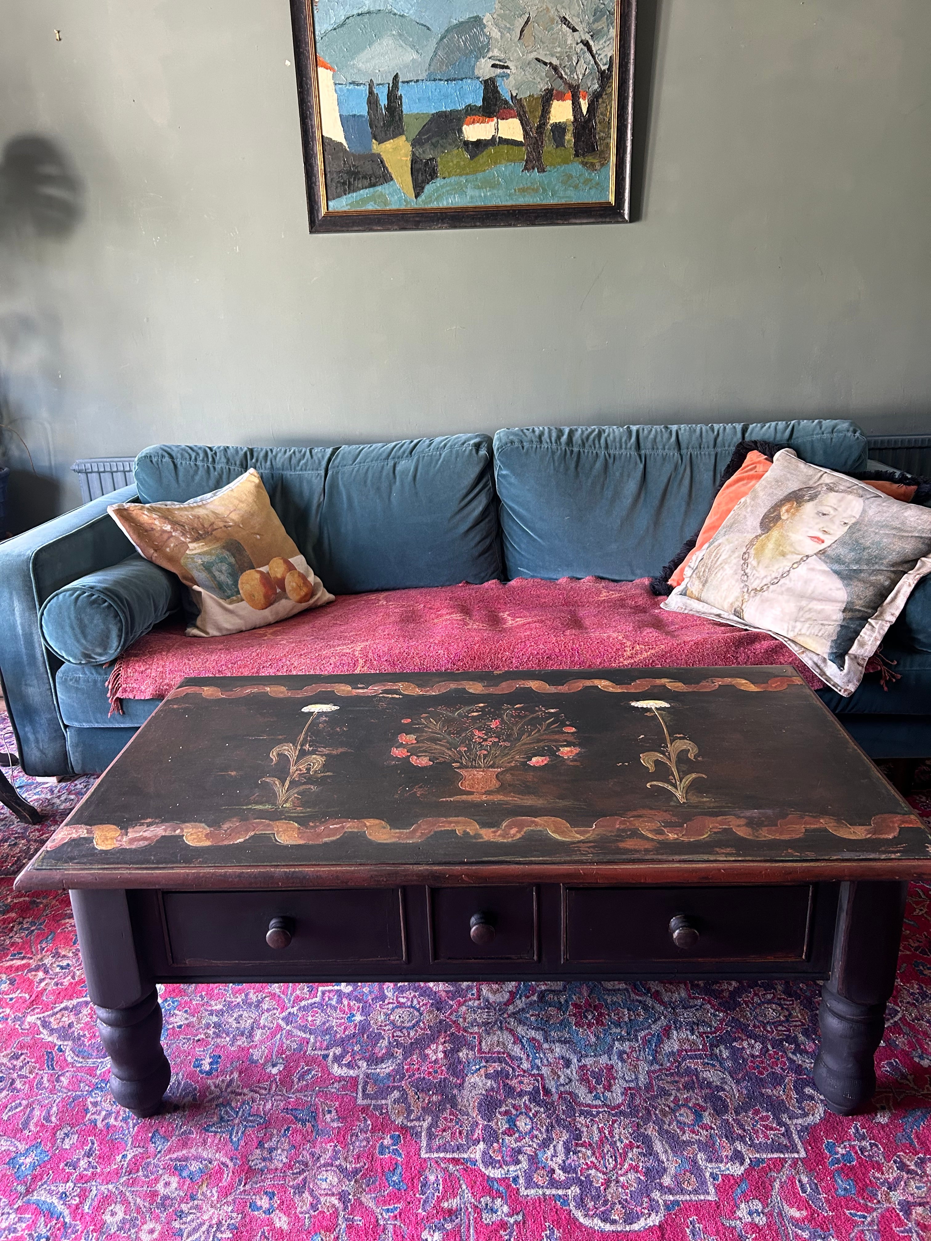 Vintage Painted Coffee Table with Folk Art Design
