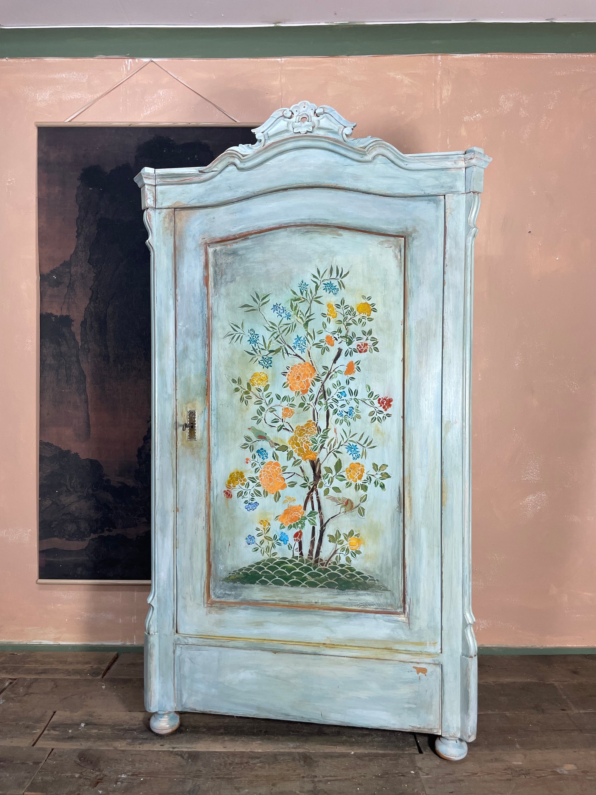 Vintage Painted Pine Wardrobe/ Linen Press with Chinoiserie Panel