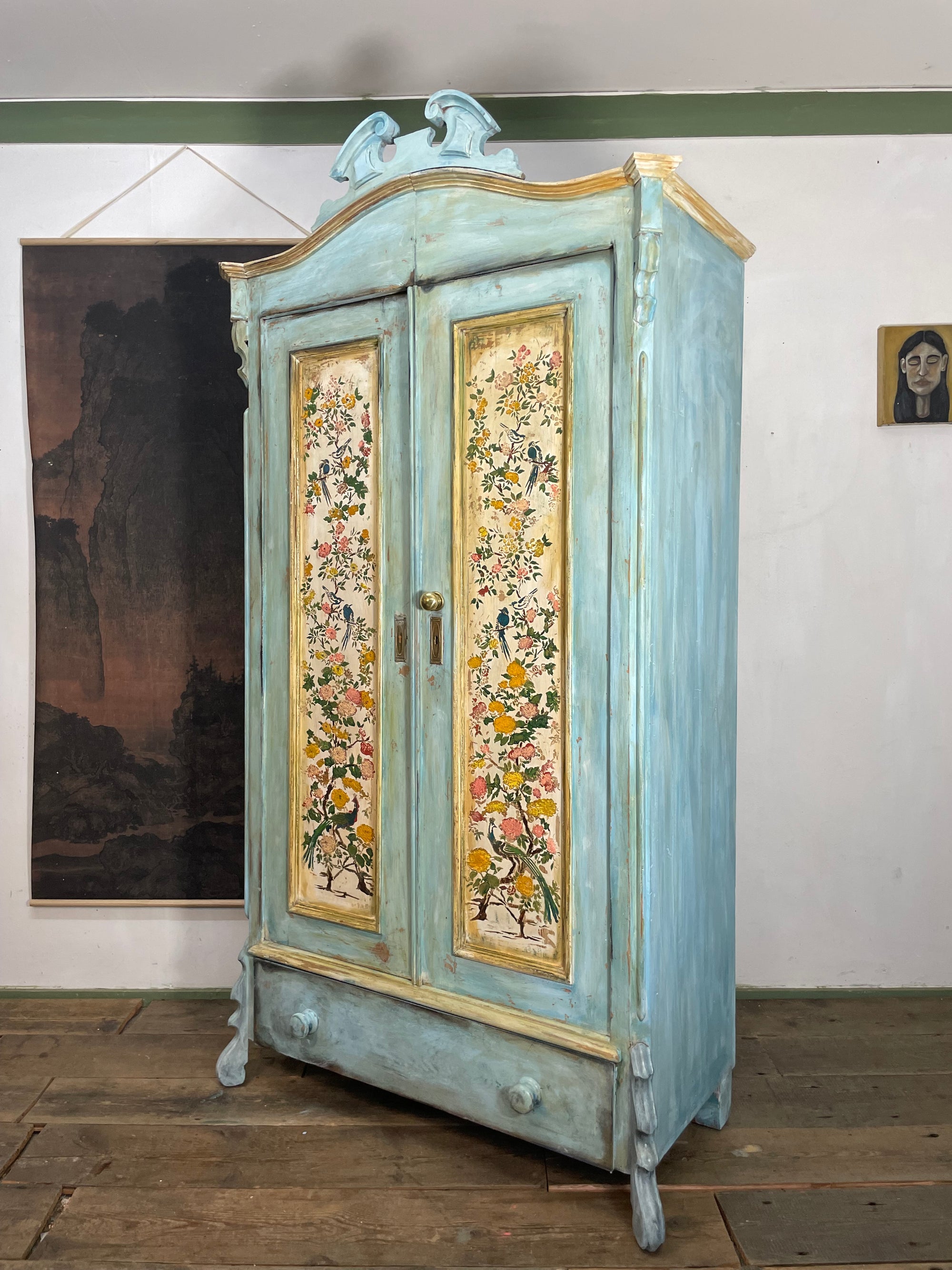 Vintage French Painted Pine Armoire with Chinoiserie Panels
