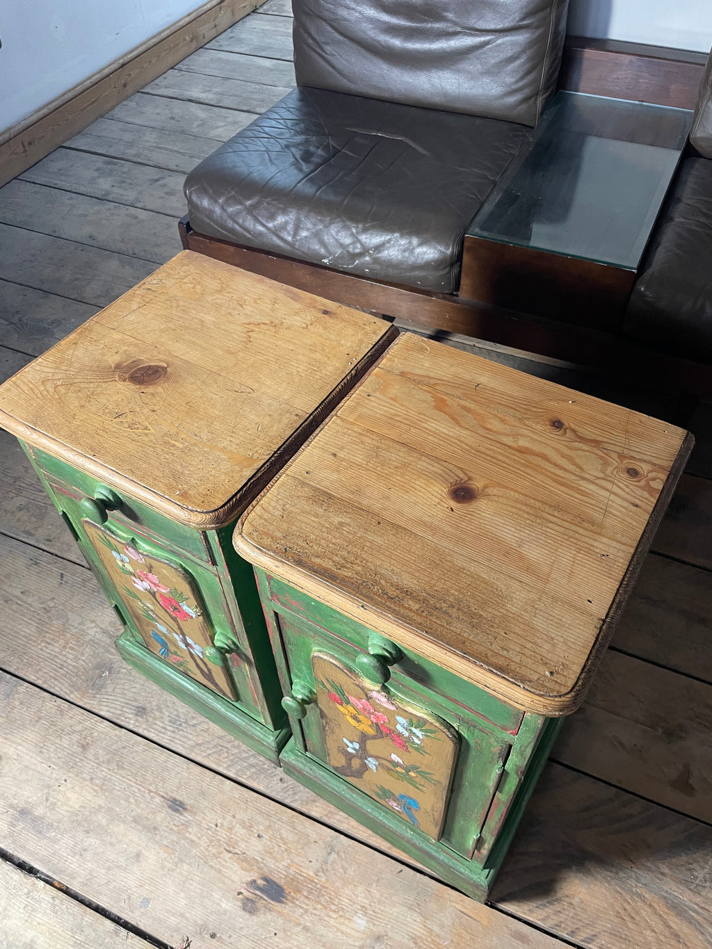 Vintage Painted Pine Bedside Tables with inlaid Chinoiserie